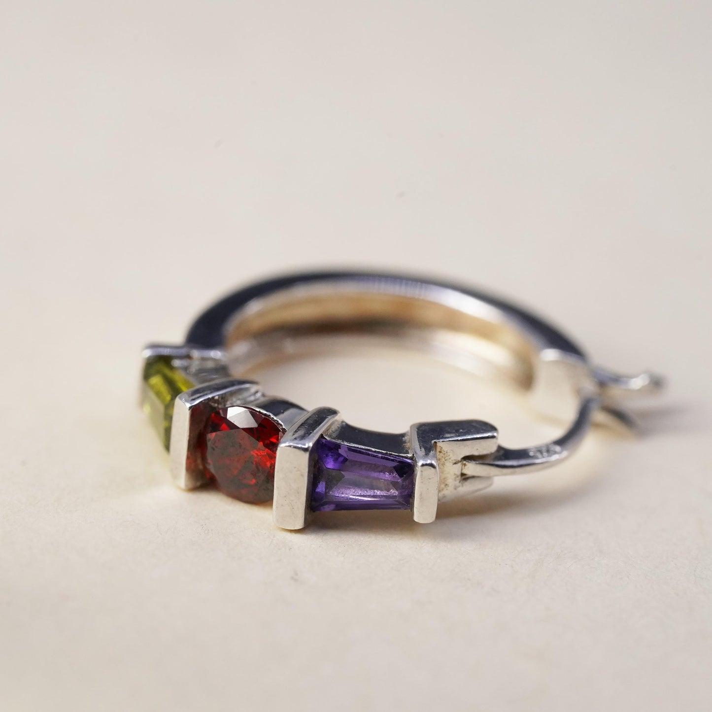 0.5”, matte sterling silver single earring, 925 huggie hoop amethyst peridot