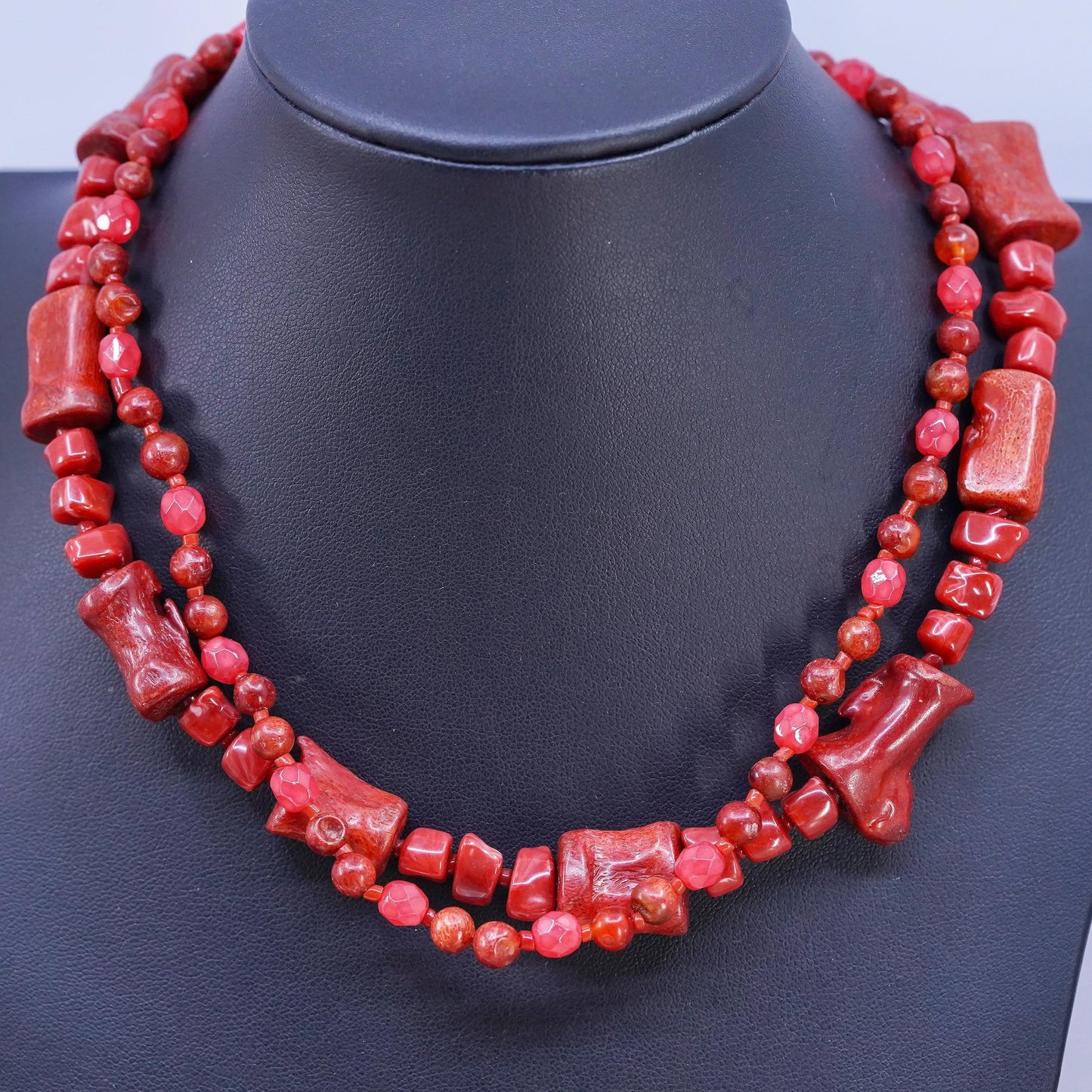 16+3", silver tone necklace, double strands coral beads necklace pendant