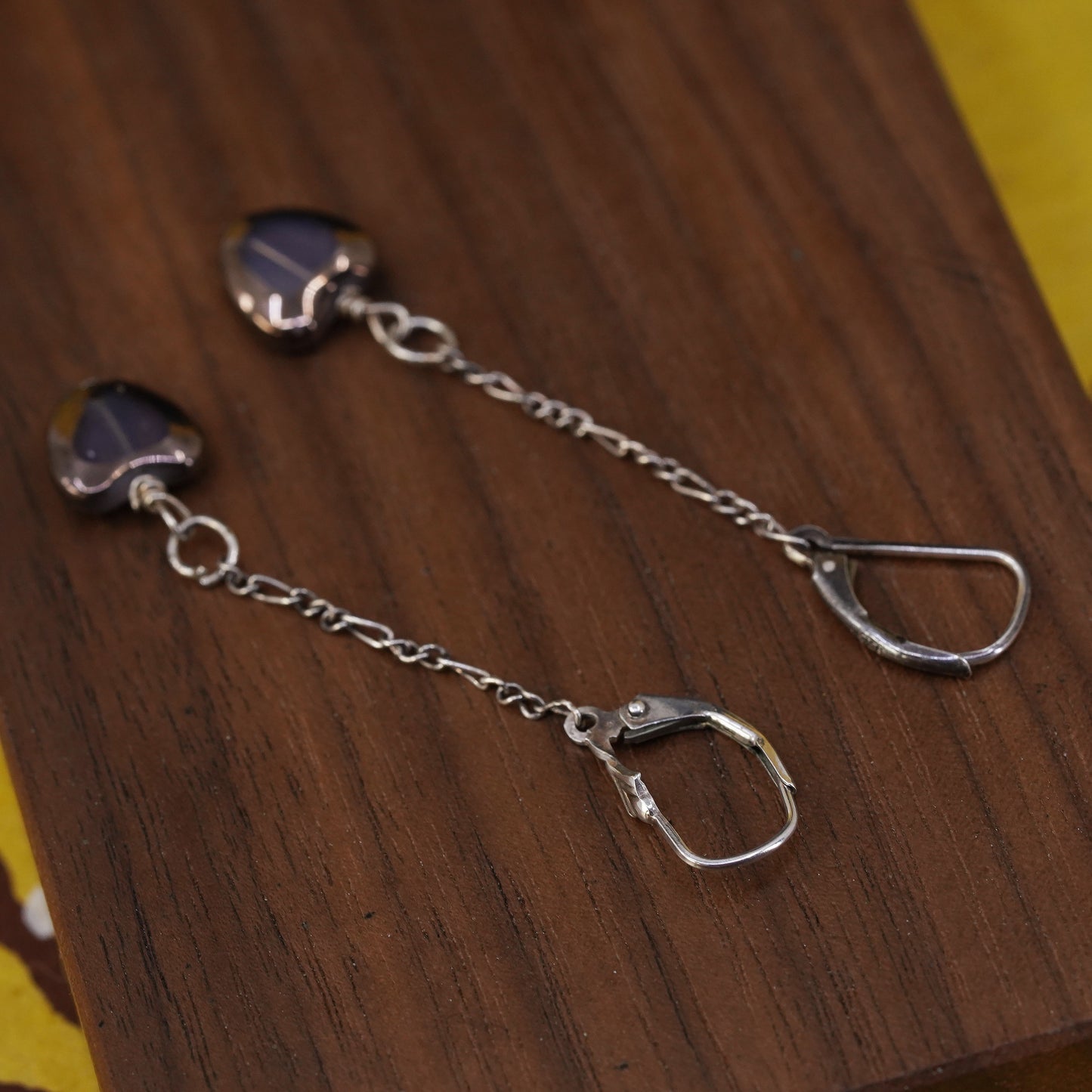 vintage handmade sterling silver earrings, 925 long dangles with glass heart