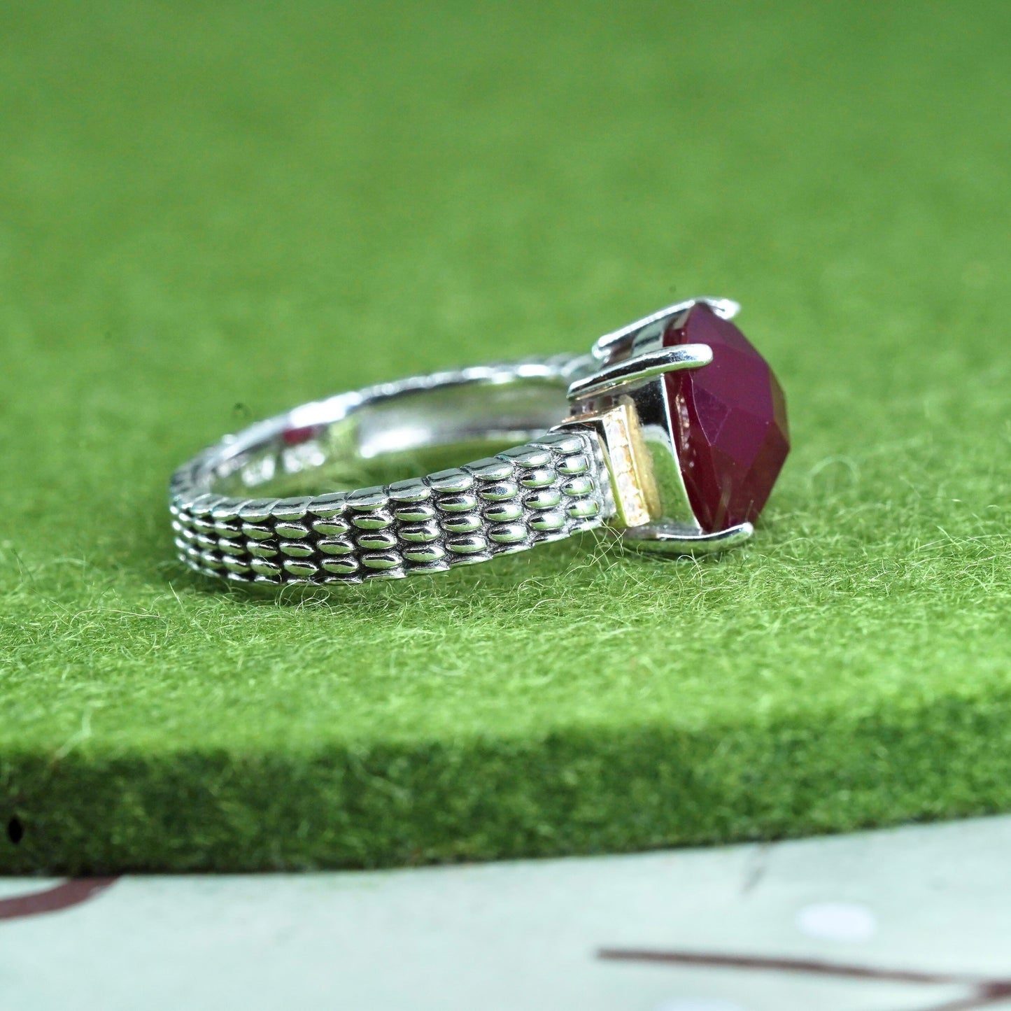 Size 7.25, vtg 14K gold accent with sterling 925 silver ring with ruby diamond