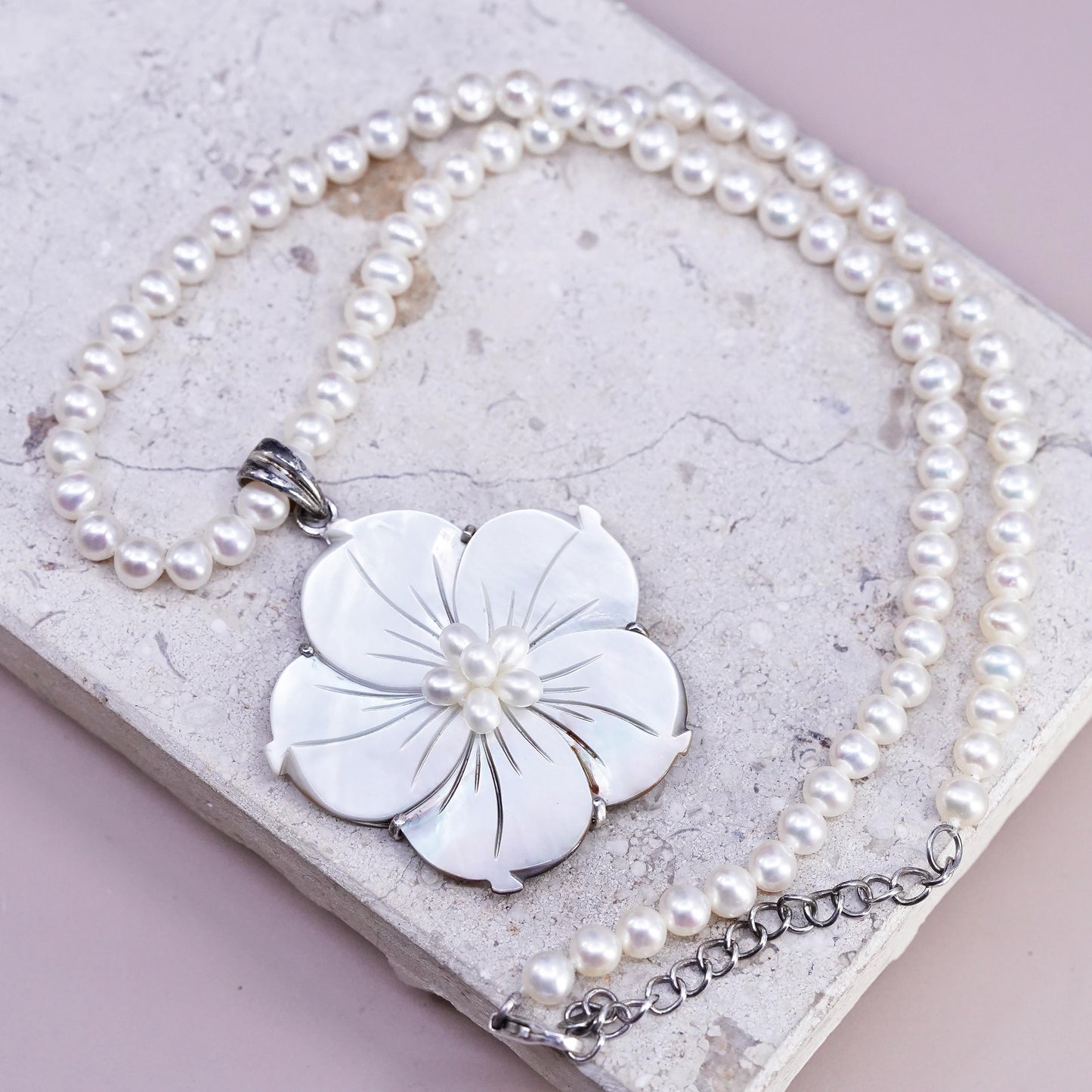 17+2", LUC sterling 925 Silver necklace pearl mother of pearl flower pendant