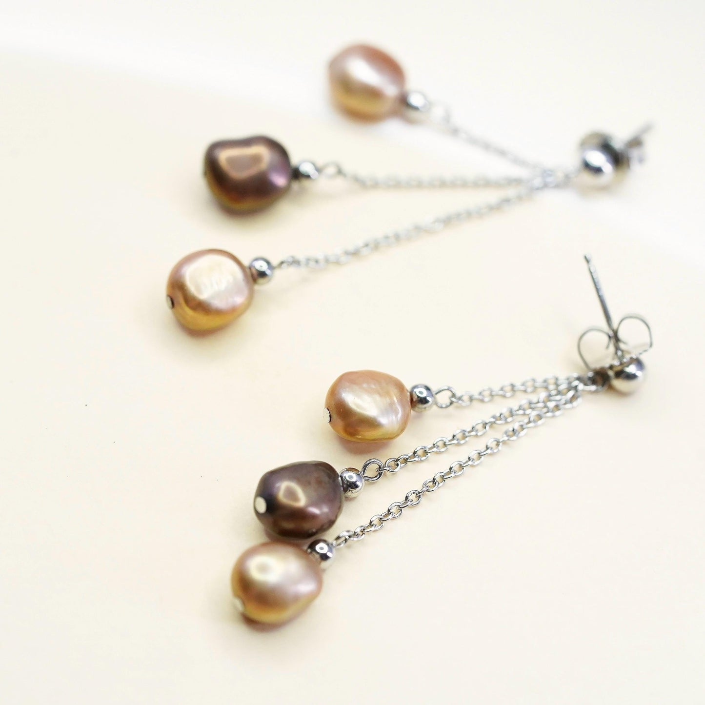 Vintage Sterling 925 silver fringe earrings with oval dyed freshwater pearl