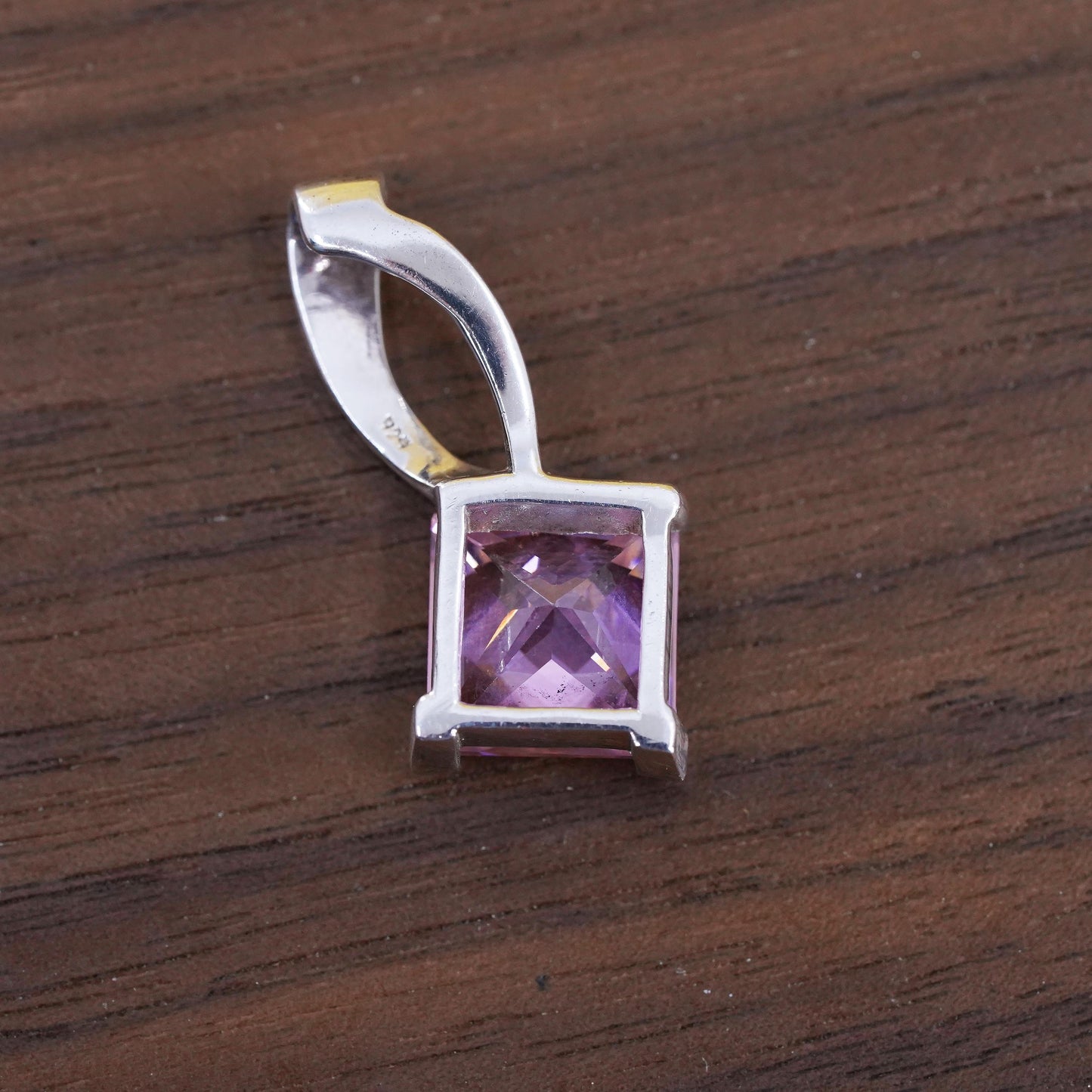 Vintage Sterling 925 silver handmade square pendant with pink crystal