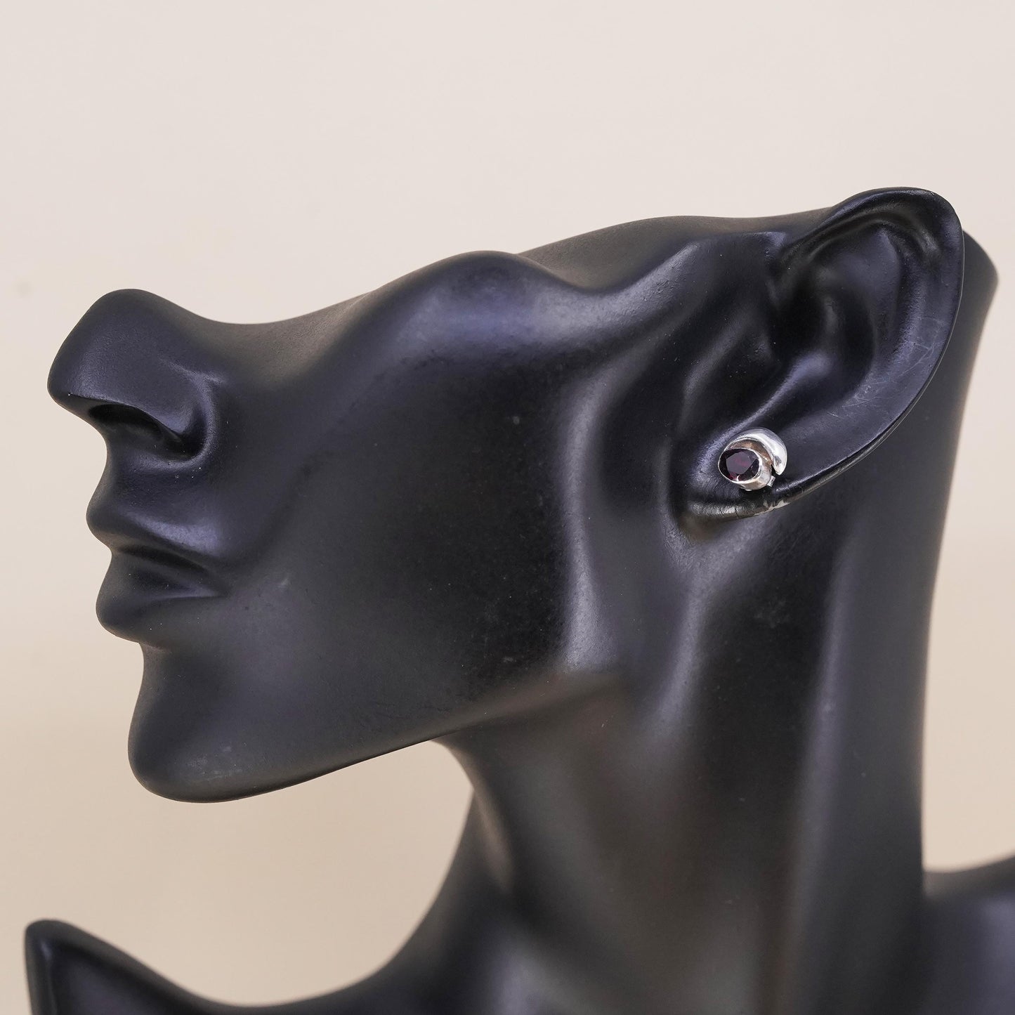 Vintage handmade single earring. Sterling 925 silver stud with garnet
