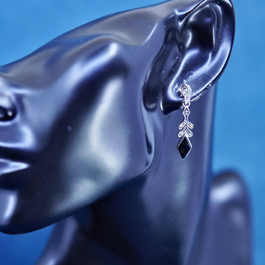 Vintage sterling 925 silver handmade earrings with obsidian and marcasite