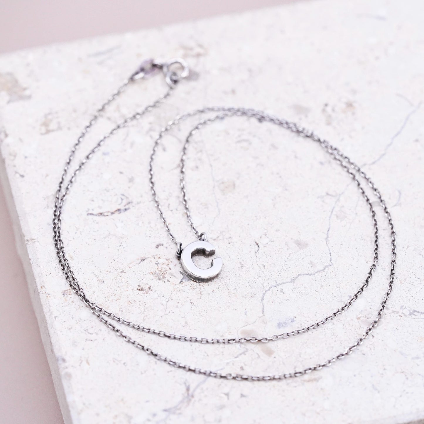 18" 1mm, vintage Sterling silver necklace, 925 circle chain letter C pendant