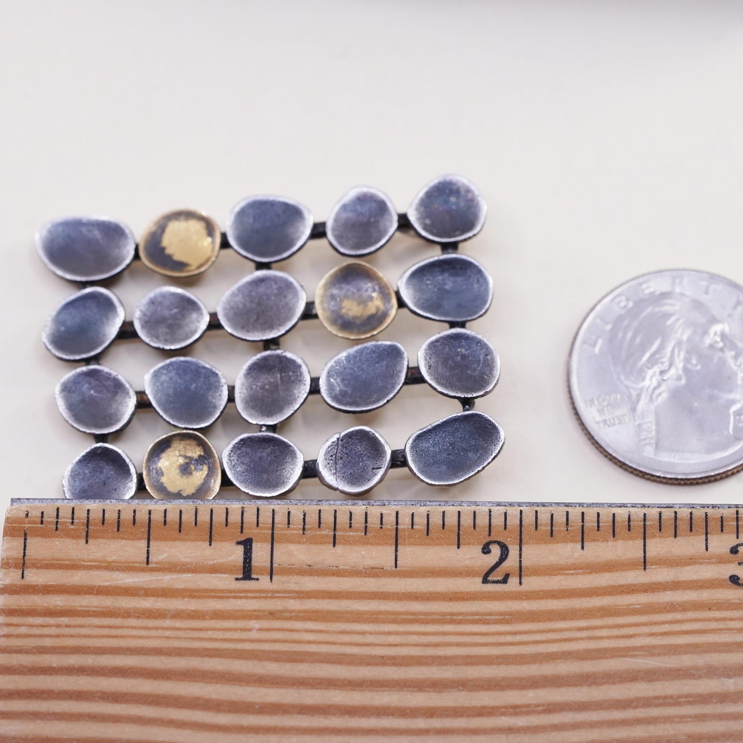 two tone sterling silver pendant, fine 925 pebble discs 14K yellow gold accent