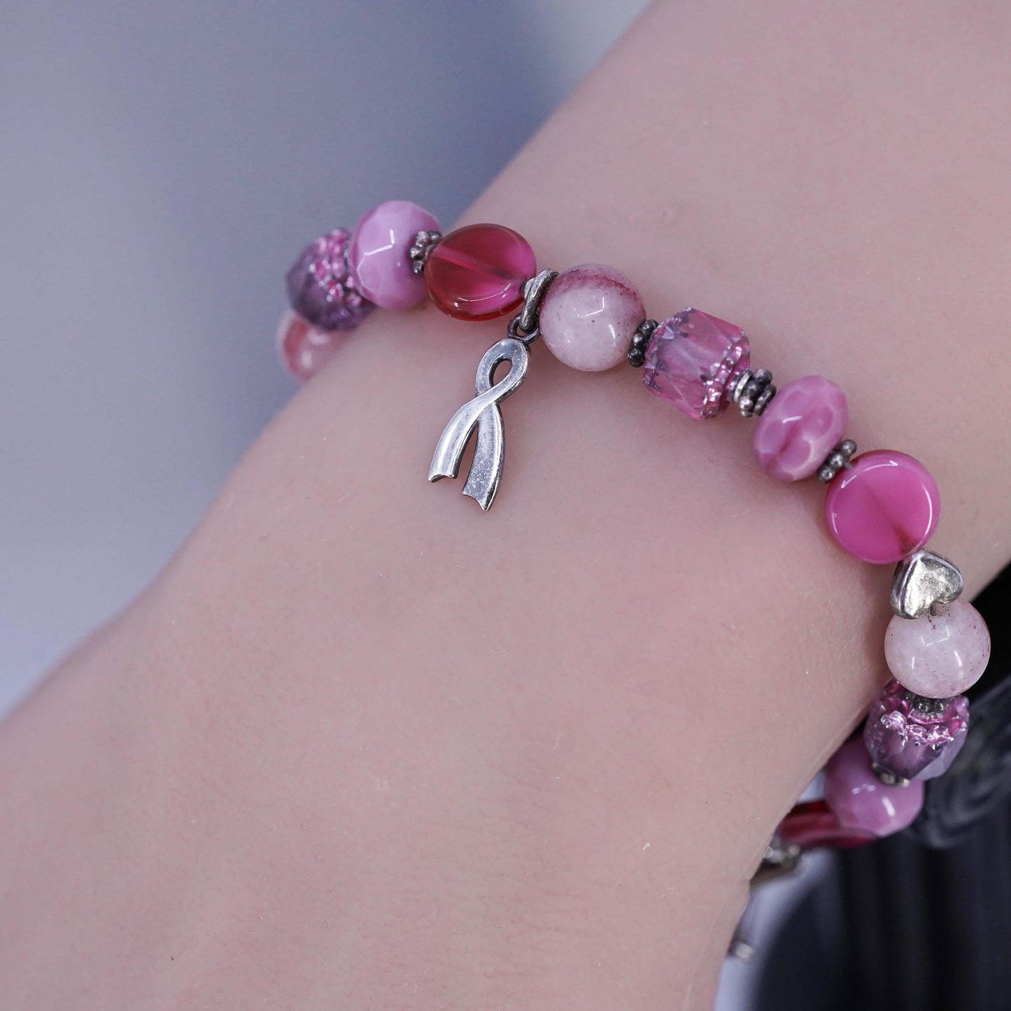 6.5", Sterling 925 Silver Bracelet pink Agate cure breast cancer ribbon charm