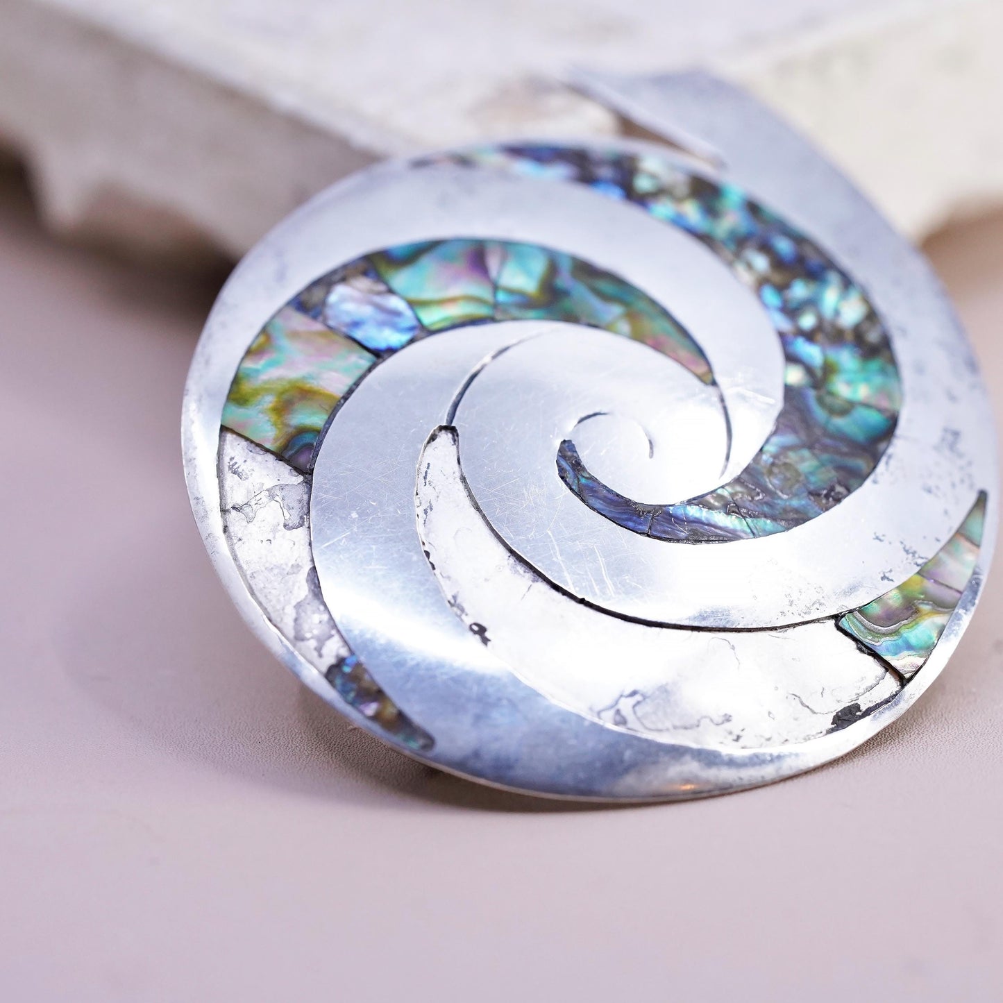 READ! Vintage Taxco Sterling silver handmade brooch, 925 sprial pendant abalone