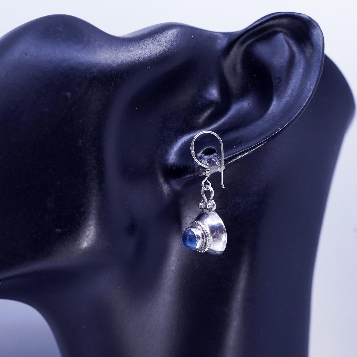 Sterling 925 Silver Blue Moonstone Cabochon Dangles, Artisan Rope Drop Earrings