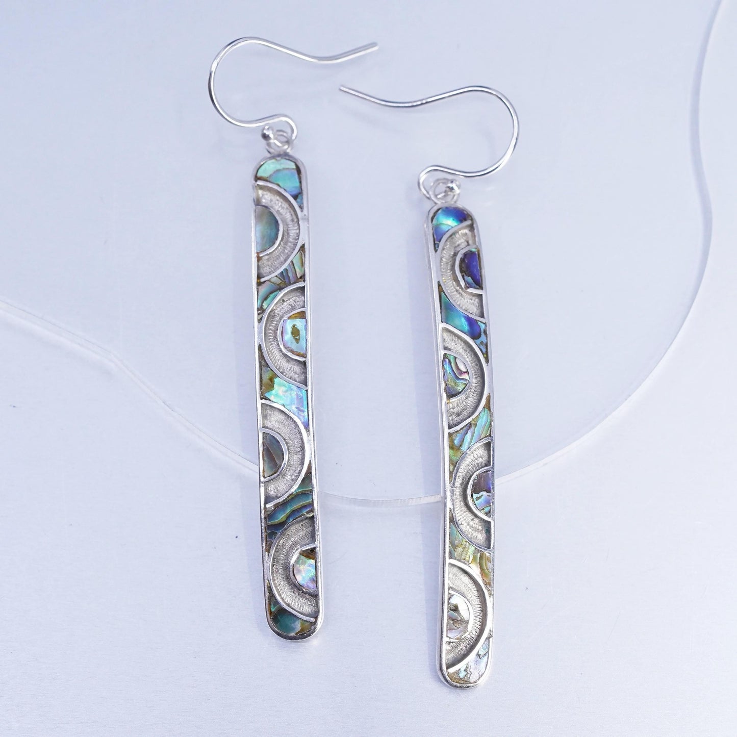 3” drop, Vintage Sterling 925 silver handmade long earrings with abalone inlay
