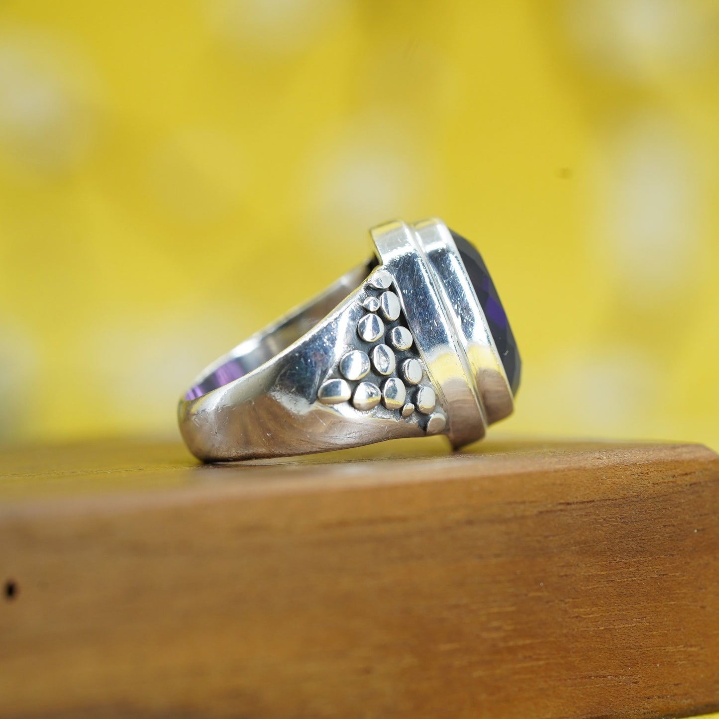 Size 7.5, vintage Sterling 925 silver handmade ring with amethyst bead textures