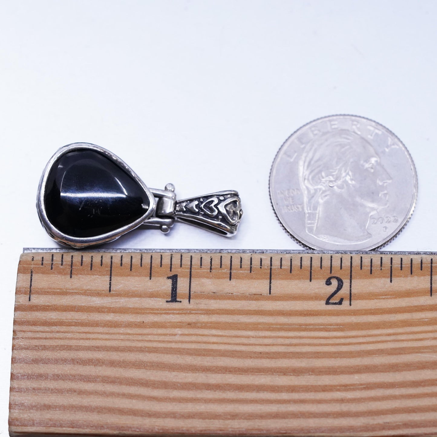 Vintage Bali sterling 925 silver double sided filigree teardrop pendant onyx