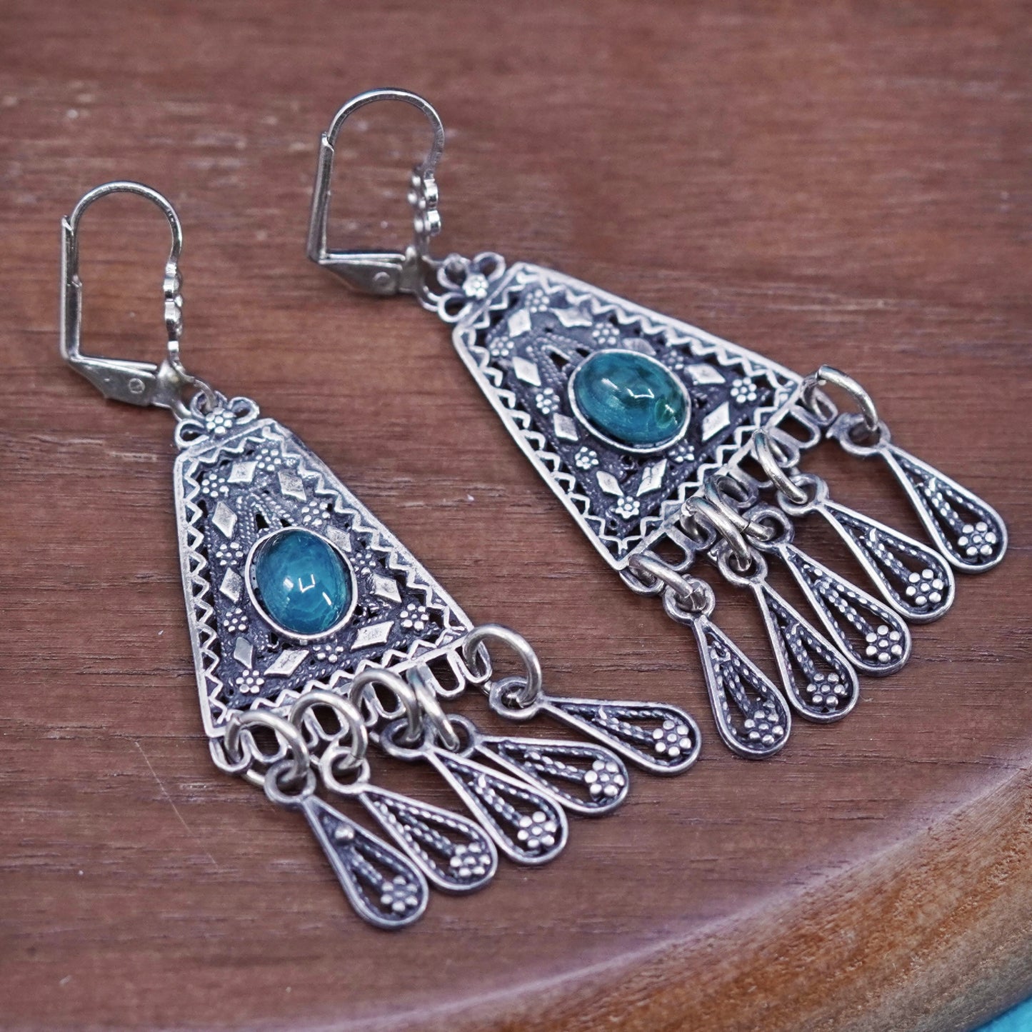 Vintage Sterling silver handmade earrings, 925 Filigree teardrops w/ turquoise