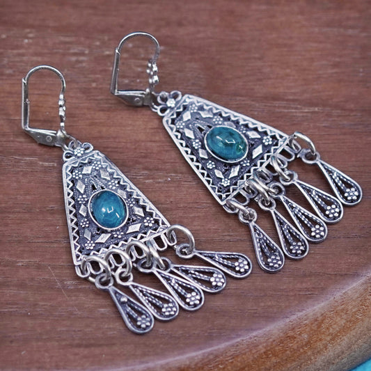 Vintage Sterling silver handmade earrings, 925 Filigree teardrops w/ turquoise