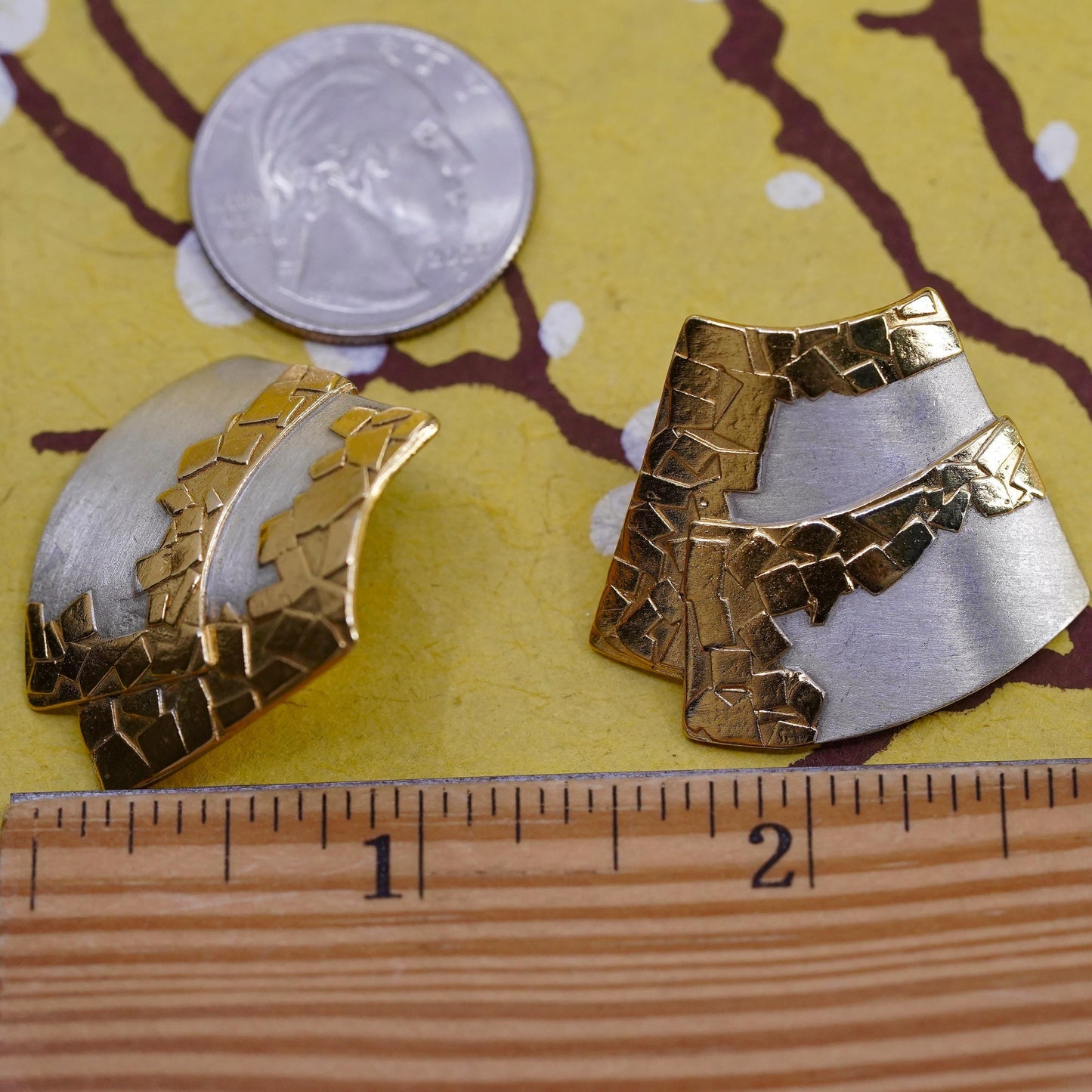 Vintage Two Tone Sterling silver handmade earrings, 925 modern studs with gold