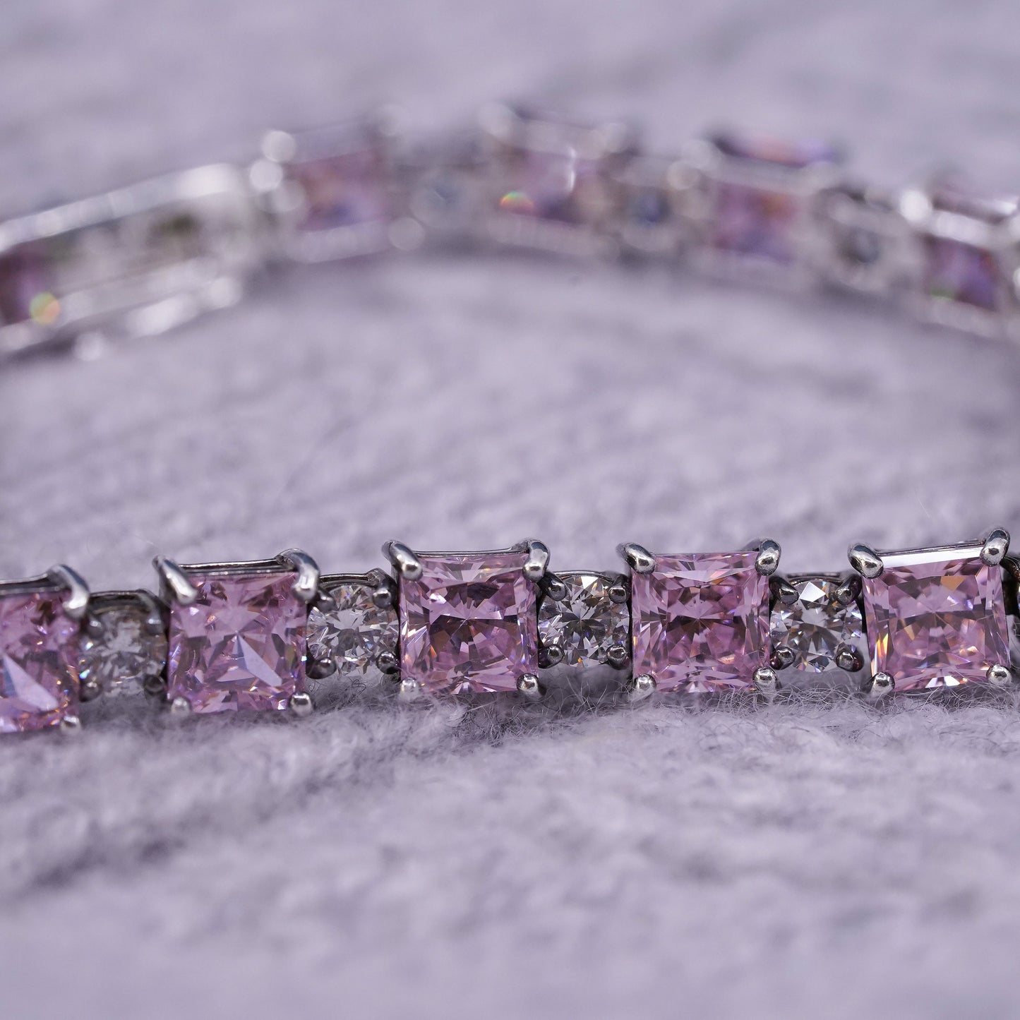 7.25”, vintage Sterling silver tennis bracelet, solid 925 silver pink crystal