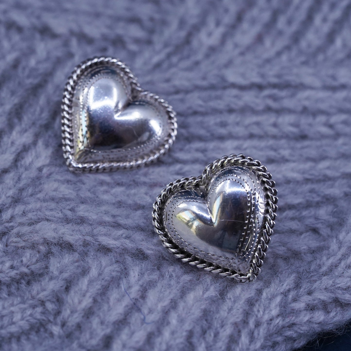 Vintage Sterling silver handmade earrings, textured 925 heart studs