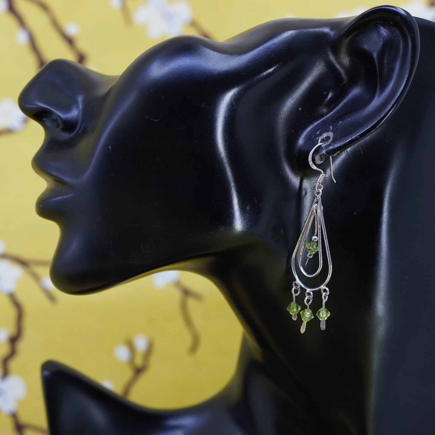 Vintage Sterling silver handmade earrings, 925 teardrop with peridot beads