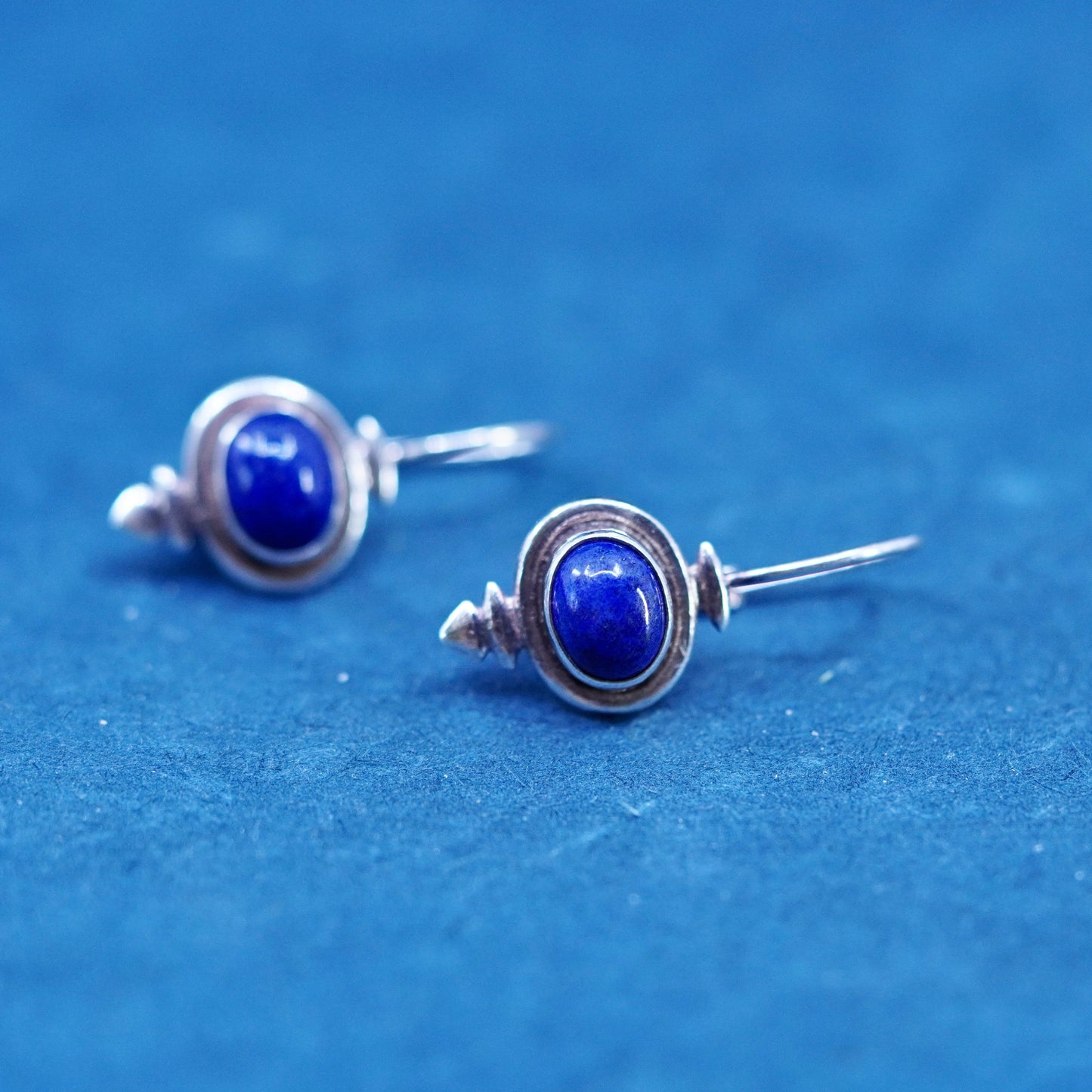 Vintage Sterling 925 silver handmade earrings with oval lapis lazuli