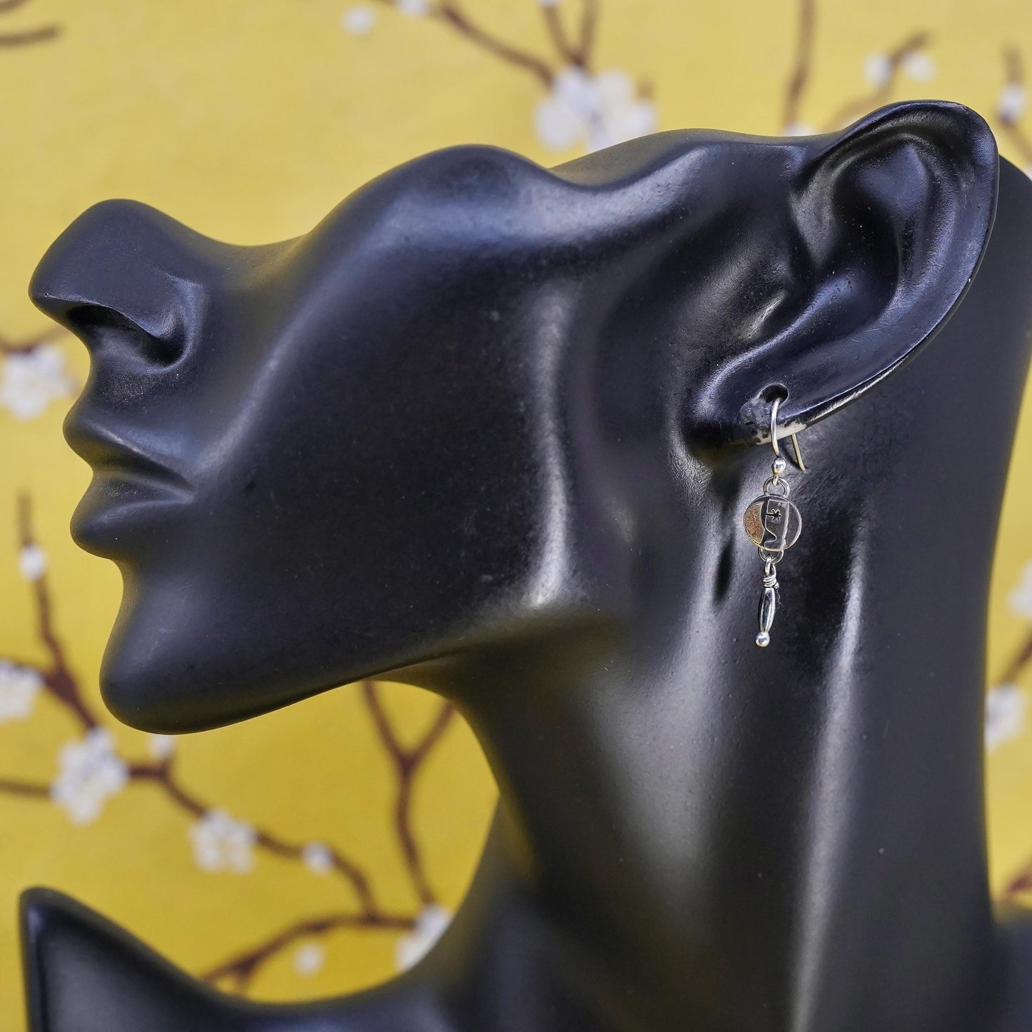 vintage Far Fetched two tone sterling 925 silver tag earrings with copper moon
