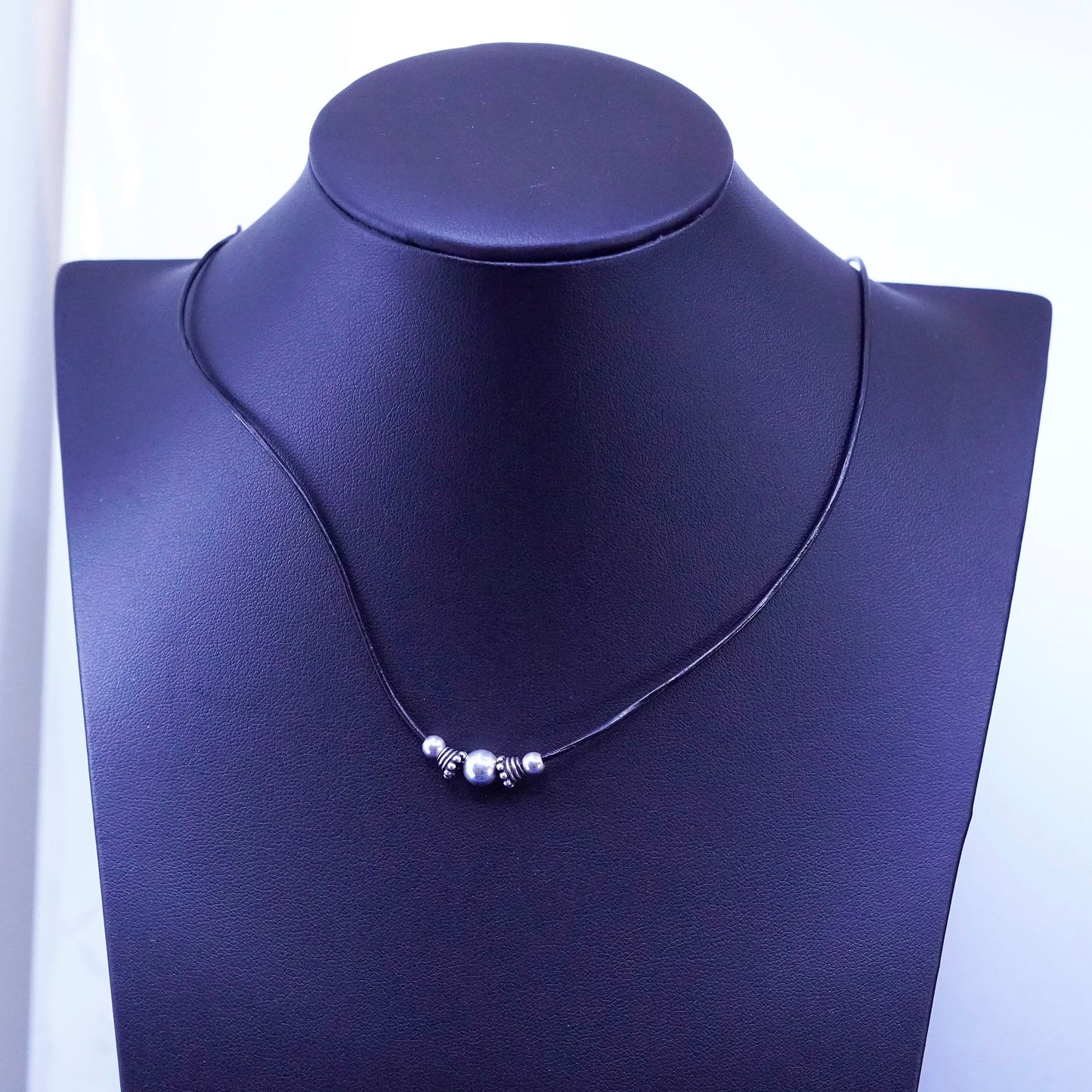 16+3”, vintage Sterling Silver clasp black Leather Necklace w/ extension chain