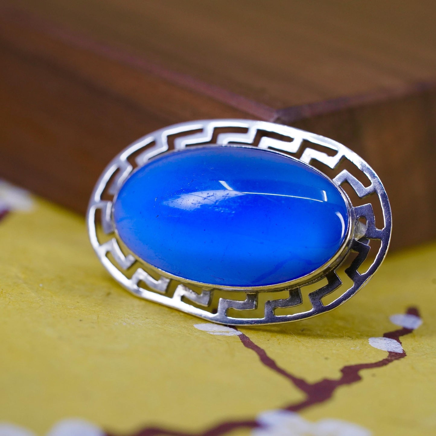 VTG Sterling 925 silver Blue Glass Cabochon Brooch, Frame, Art Deco Style Pin