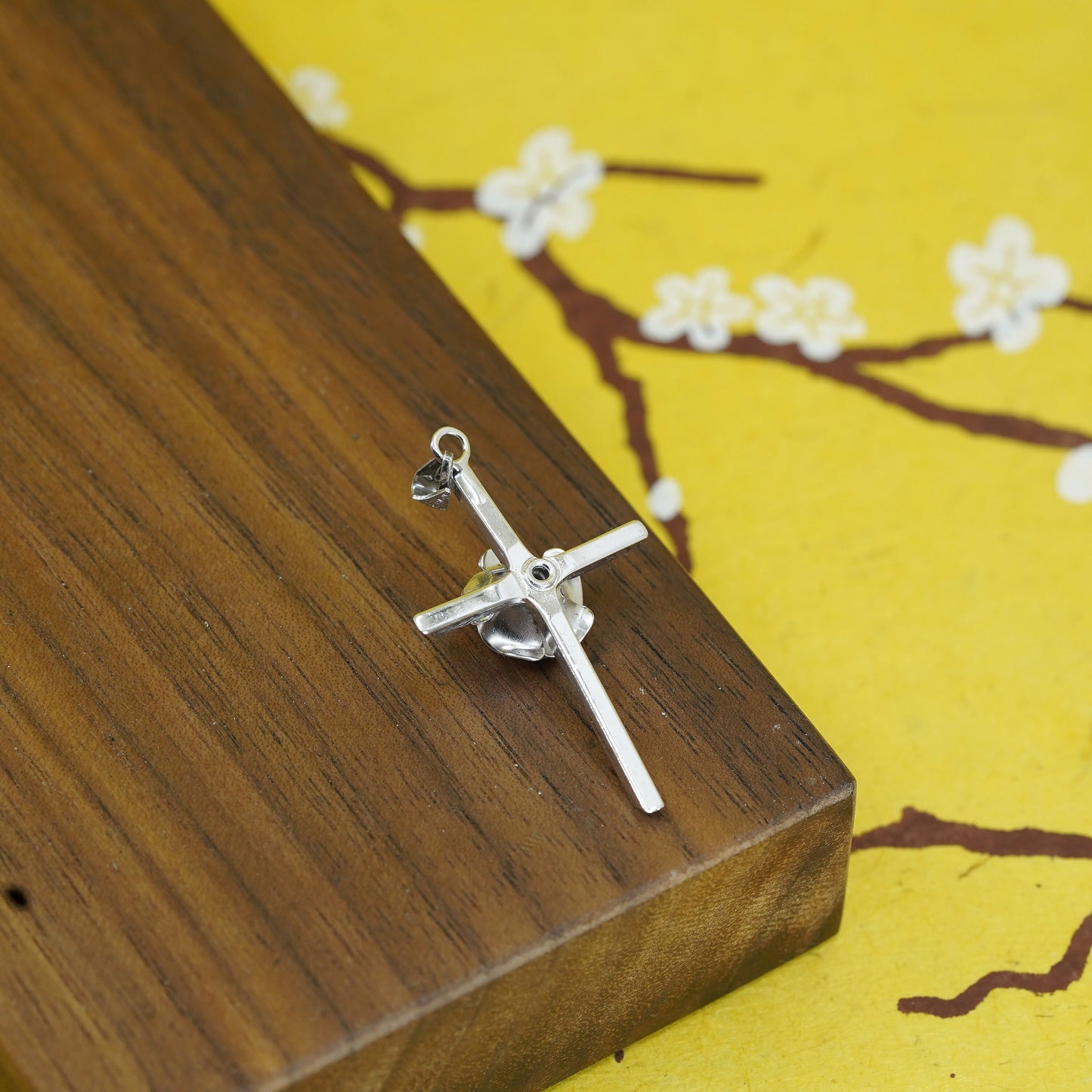 Vintage Sterling silver handmade pendant, 925 cross with rose flower