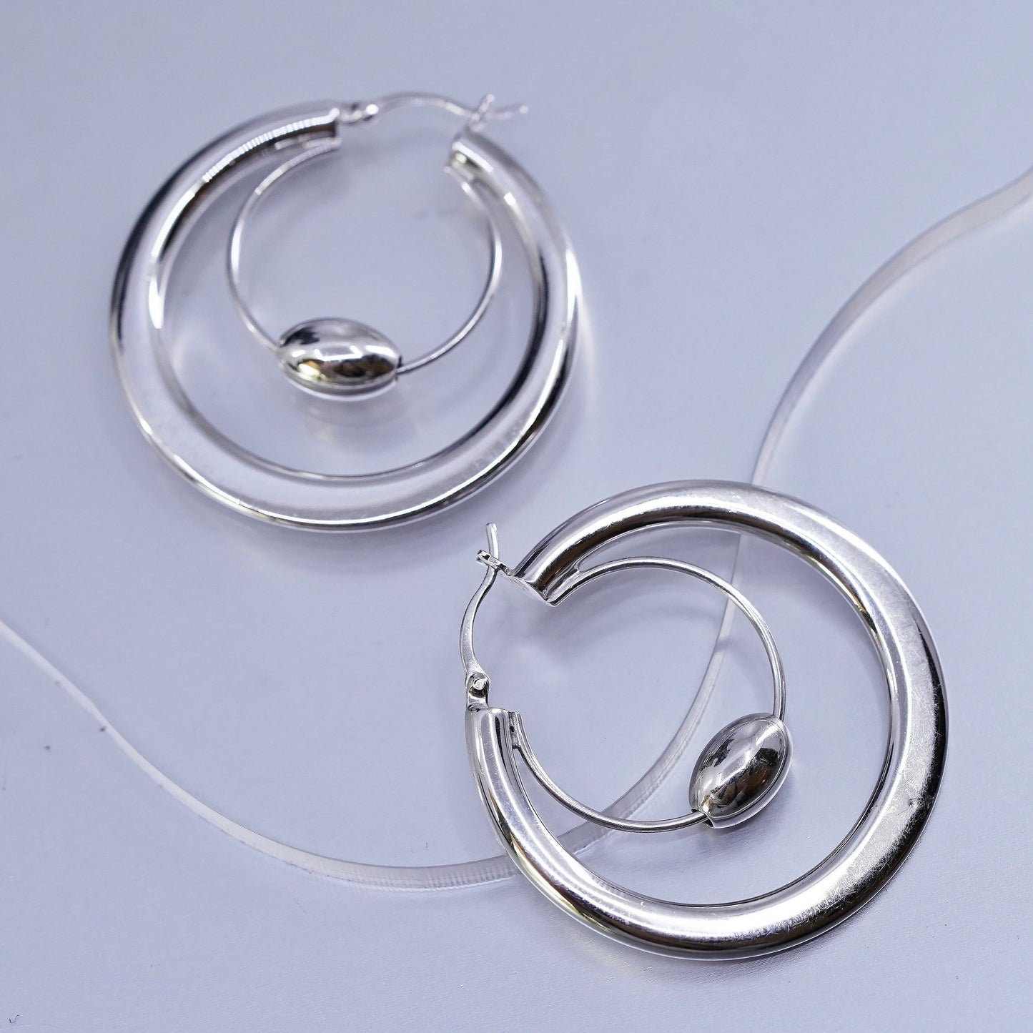 1.75”, vintage Sterling silver handmade earrings, huge 925 bold hoops w/ beads