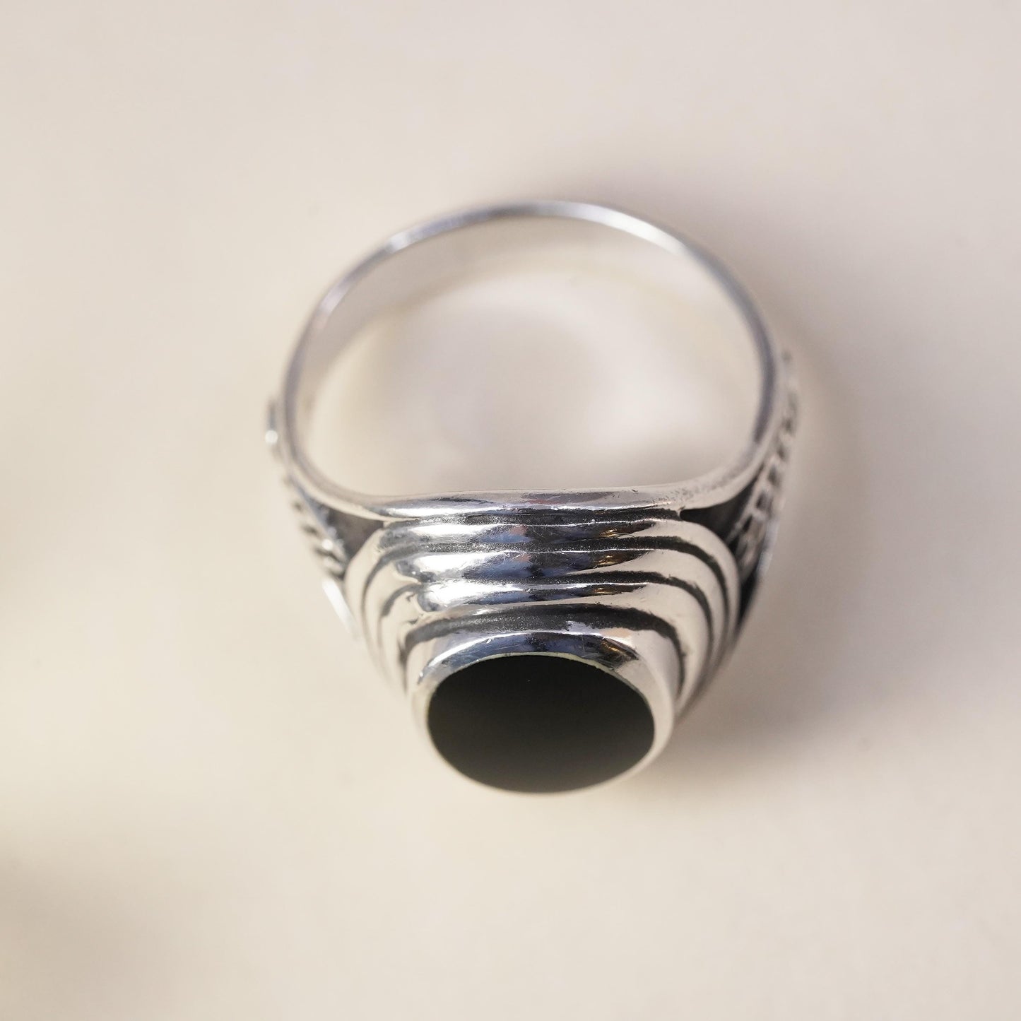 Size 12.25, Vintage sterling 925 silver statement handmade ring with oval onyx