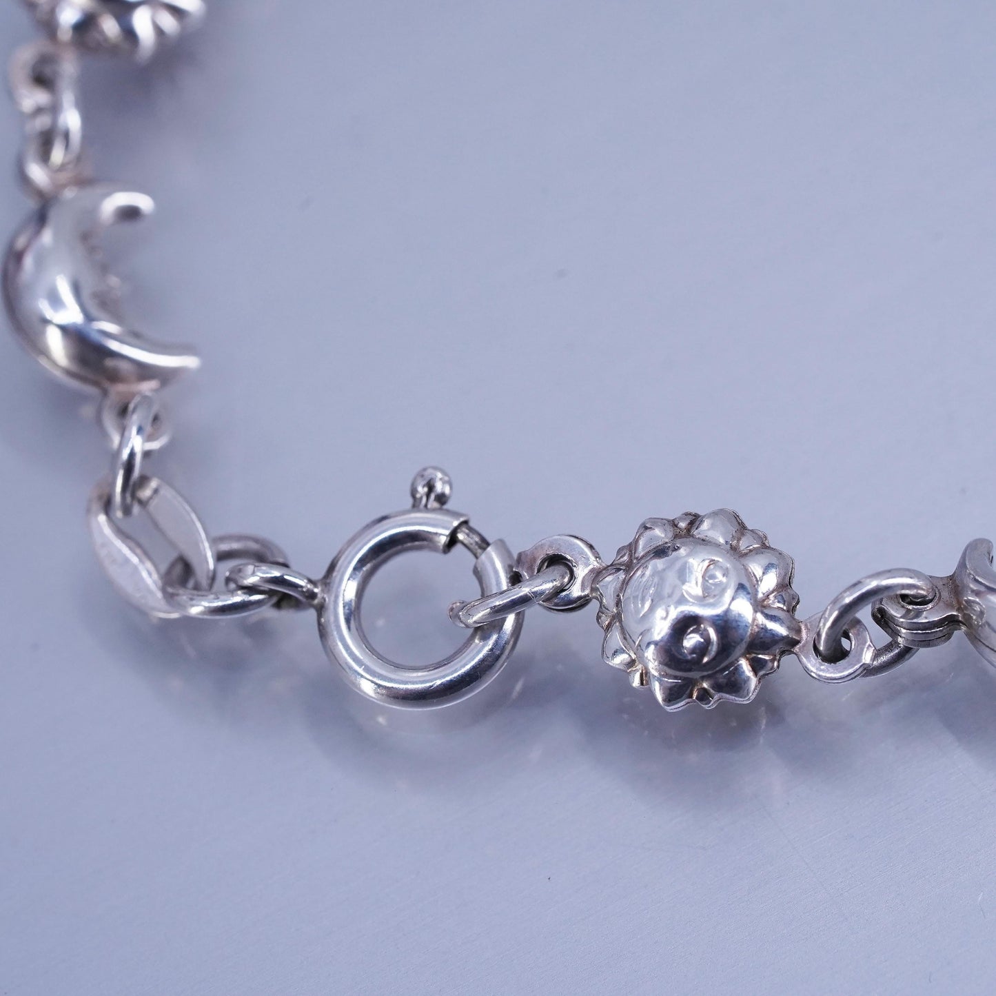 6.75”, Sterling 925 silver handmade puffy star moon sun chain bracelet