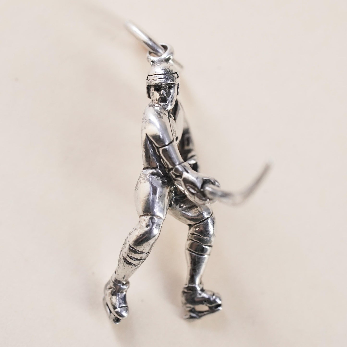 Sterling 925 Silver Hockey Player Charm Pendant, 3D Ice Hockey Skater w/ Stick