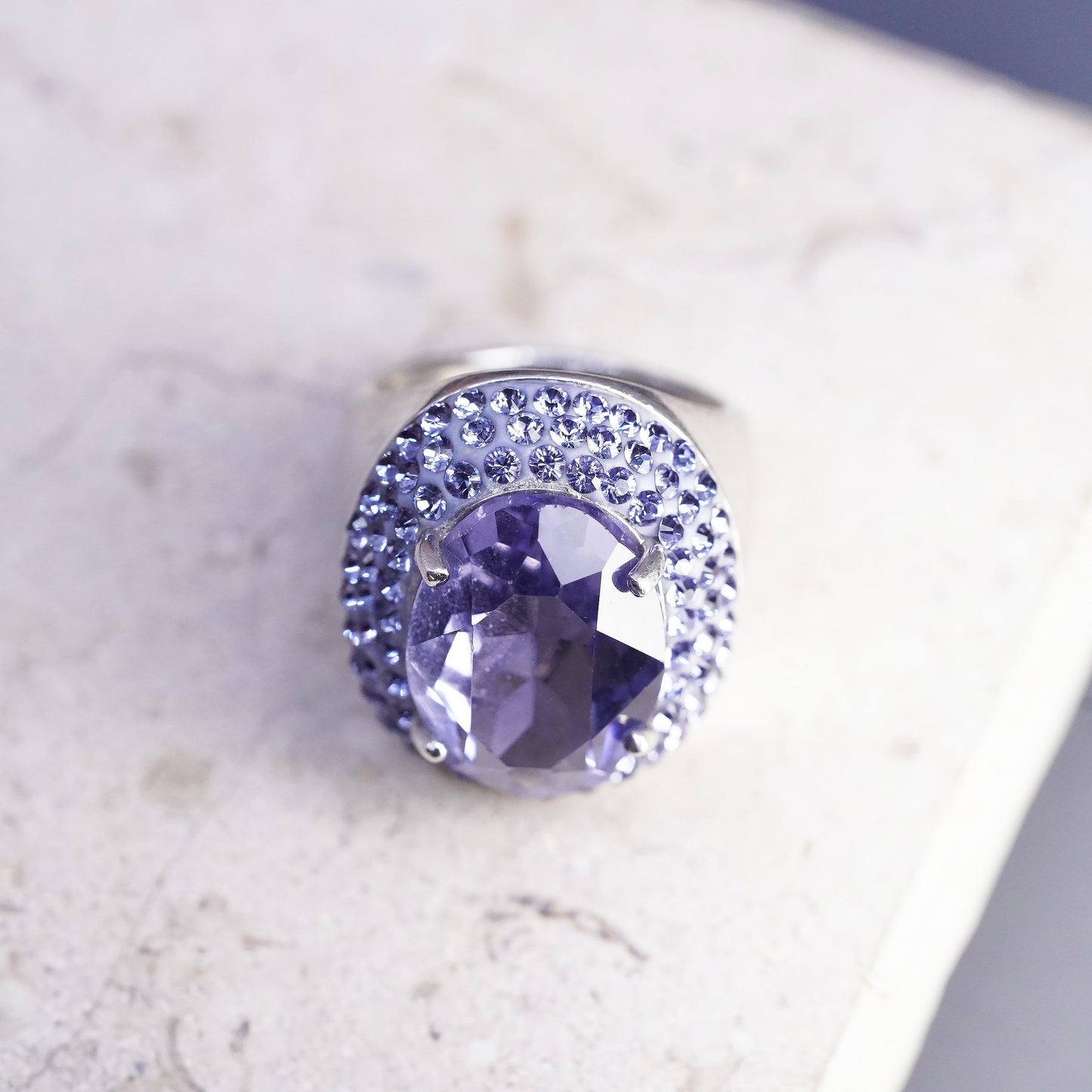 Size 7, vintage AU Sterling 925 silver Statement cocktail ring with amethyst Cz
