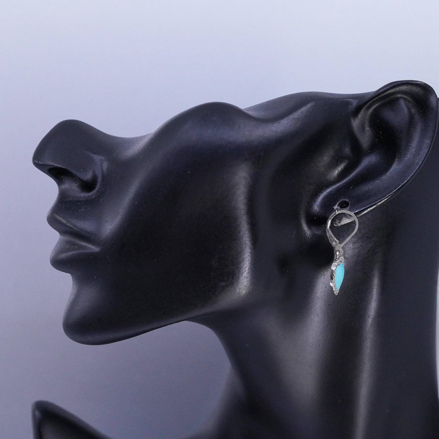VTG 925 Sterling Silver Turquoise Heart Dangles, CZ Halo, Leverback Earrings