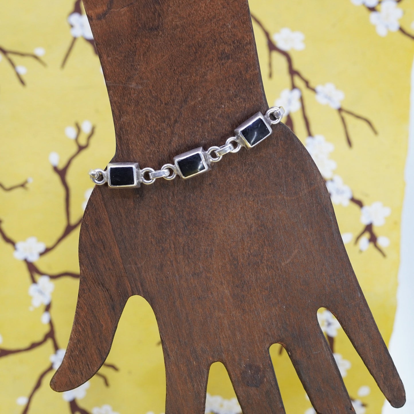 6.5”, vintage Sterling silver handmade bracelet, Mexico 925 chain w/ oval onyx
