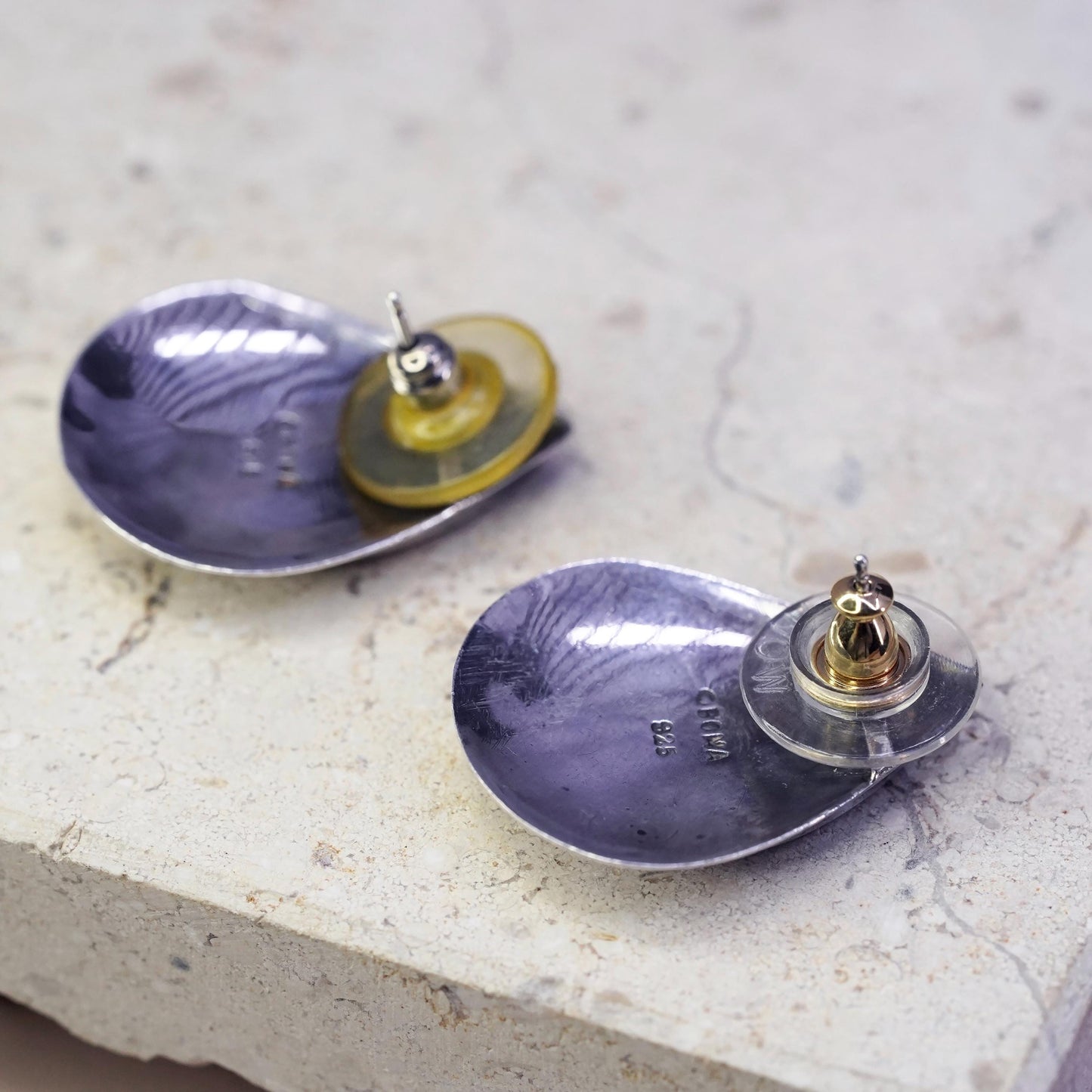 Boma sterling silver earrings, 925 teardrop studs pink mother of pearl inlay