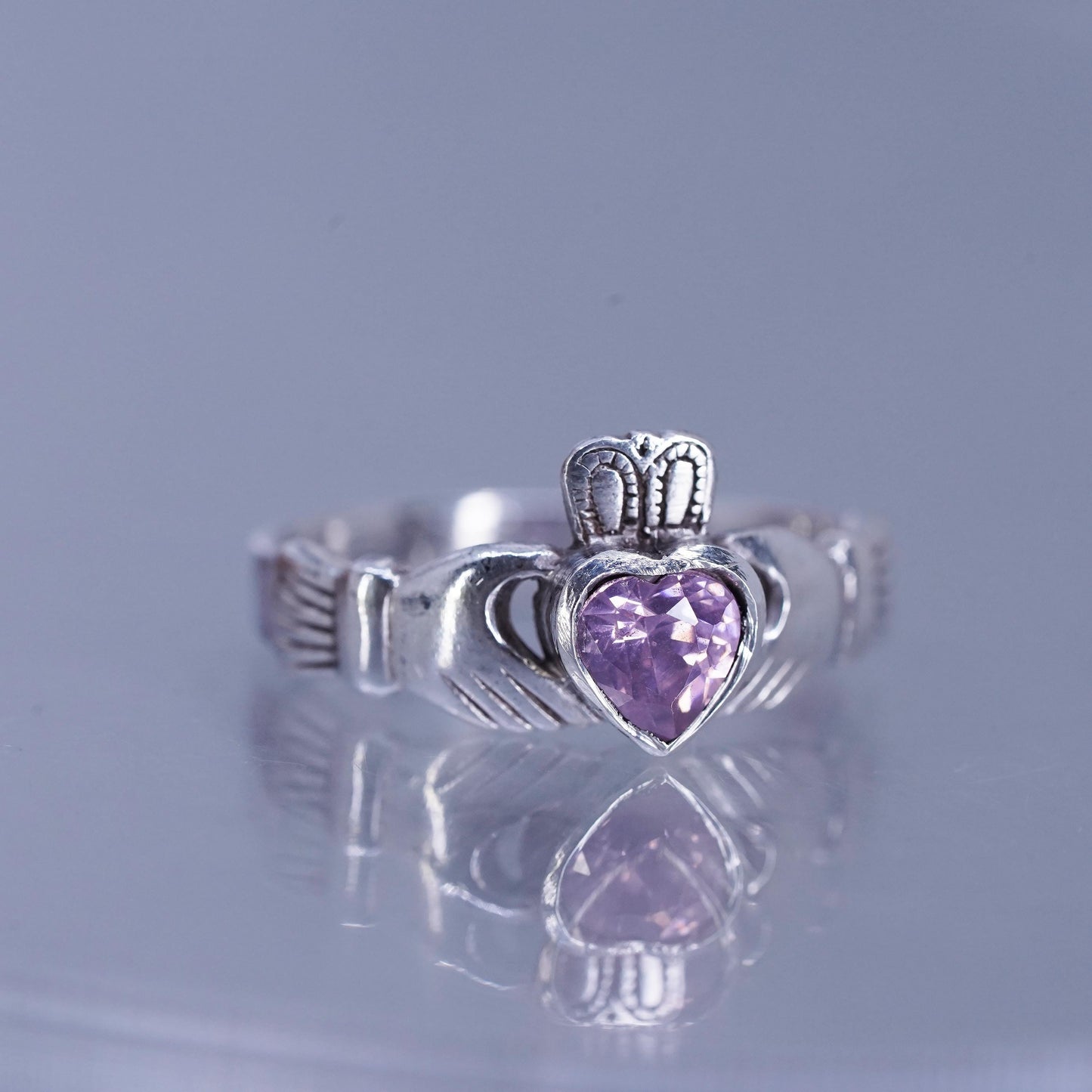 SZ 7.25, Irish Claddagh friendship Sterling 925 silver ring, pink crystal heart