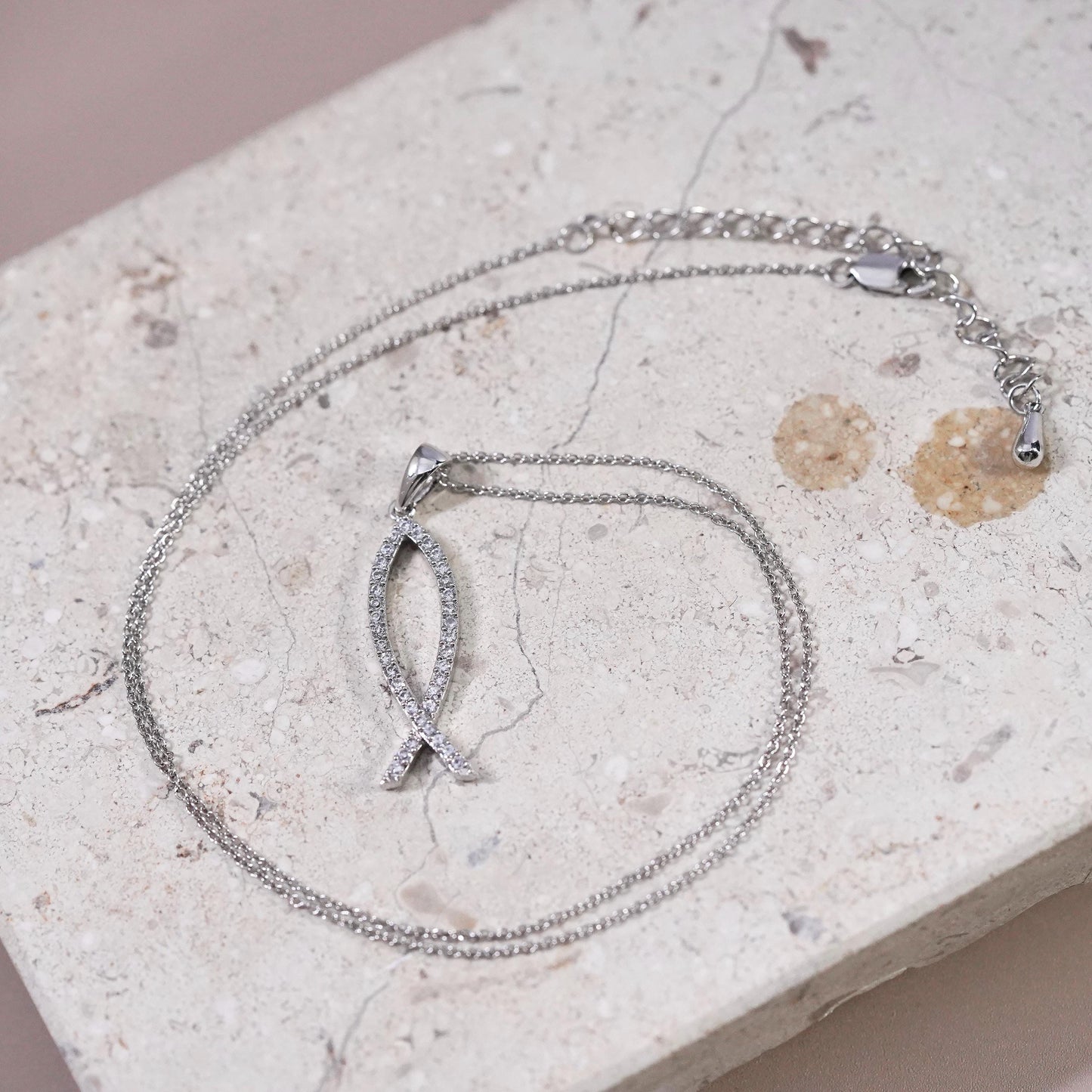 16"+2”, Sterling silver necklace, 925 circle chain fish pendant and Cz