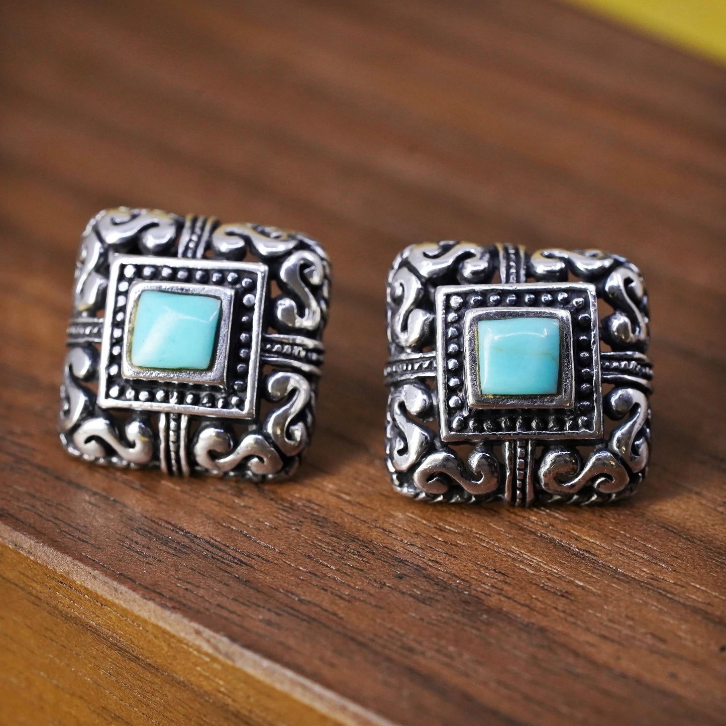 southwestern Sterling Silver square Earrings, 925 filigree studs with turquoise