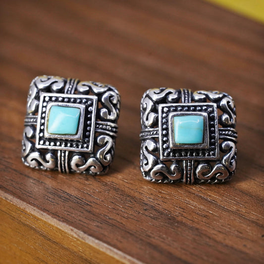 southwestern Sterling Silver square Earrings, 925 filigree studs with turquoise