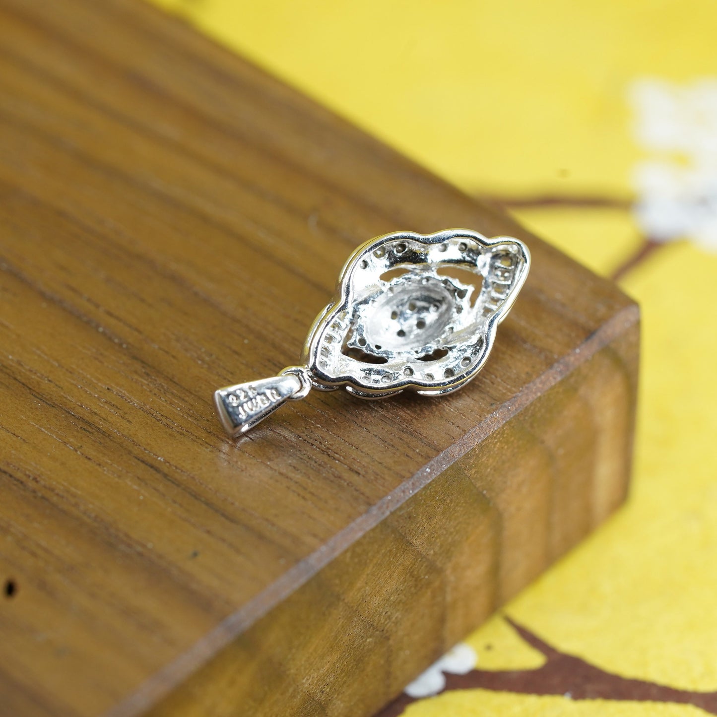 Vintage sterling silver 925 marquise shaped pendant with genuine diamond