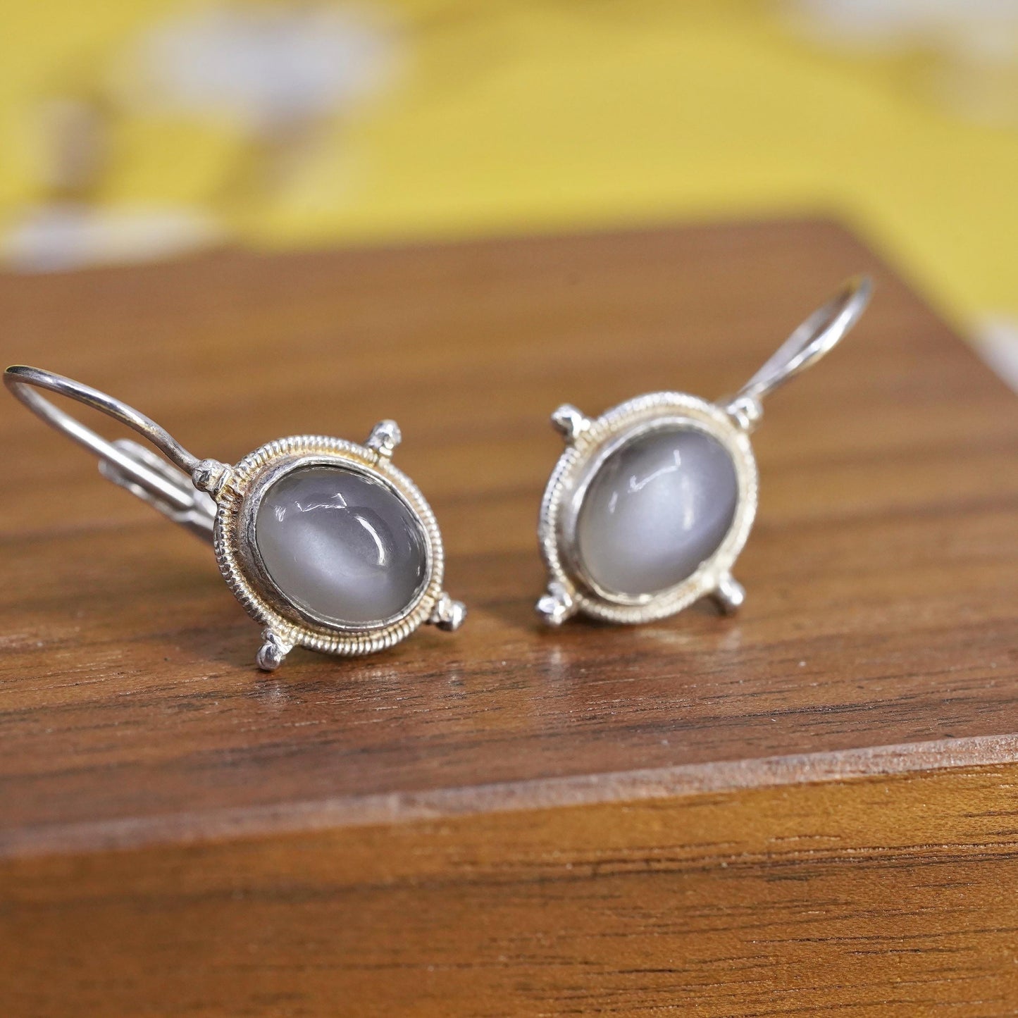 Vintage Sterling 925 silver handmade earrings with oval shaped white moonstone