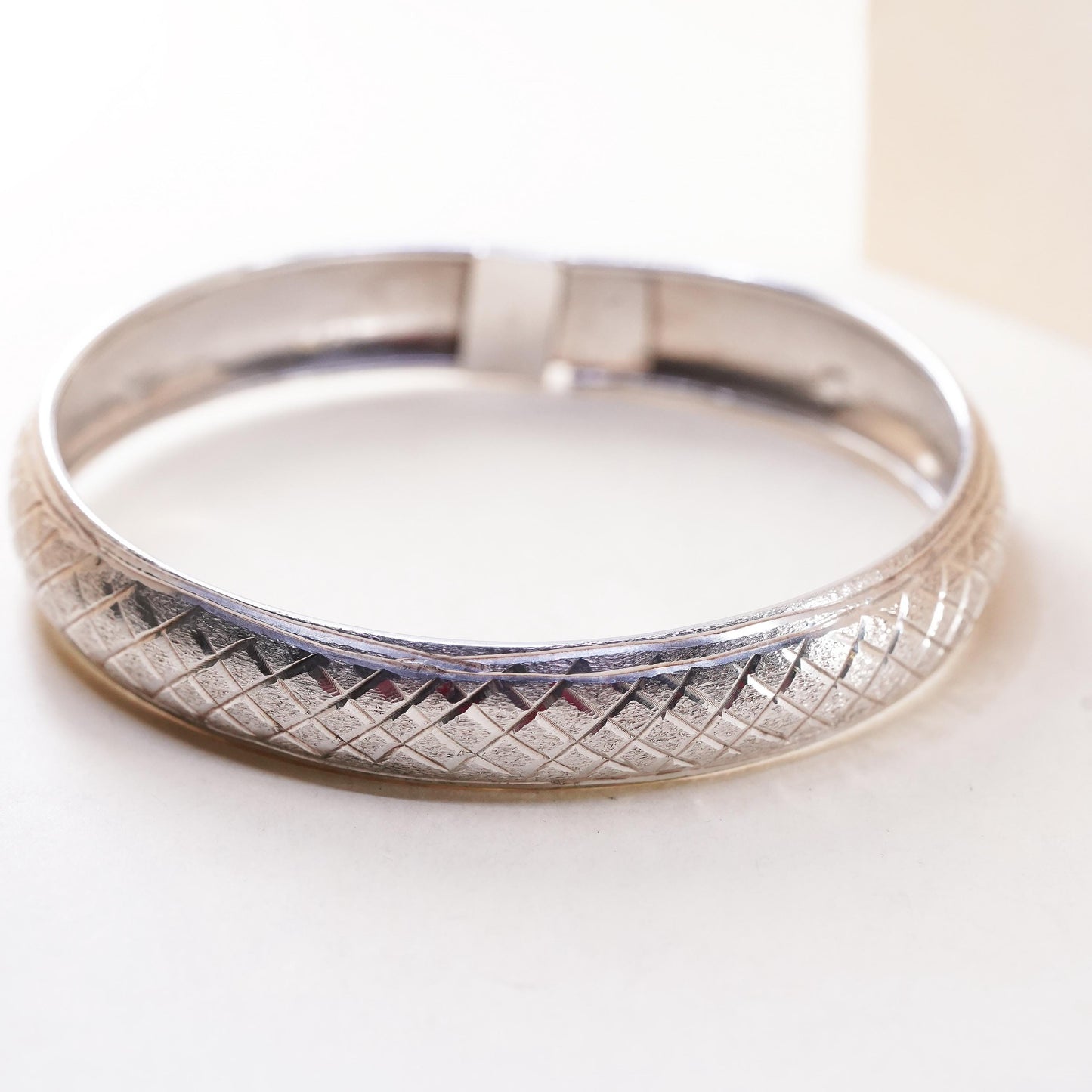 7”, vintage Sterling silver bracelet, textured 925 bangle with latch closure