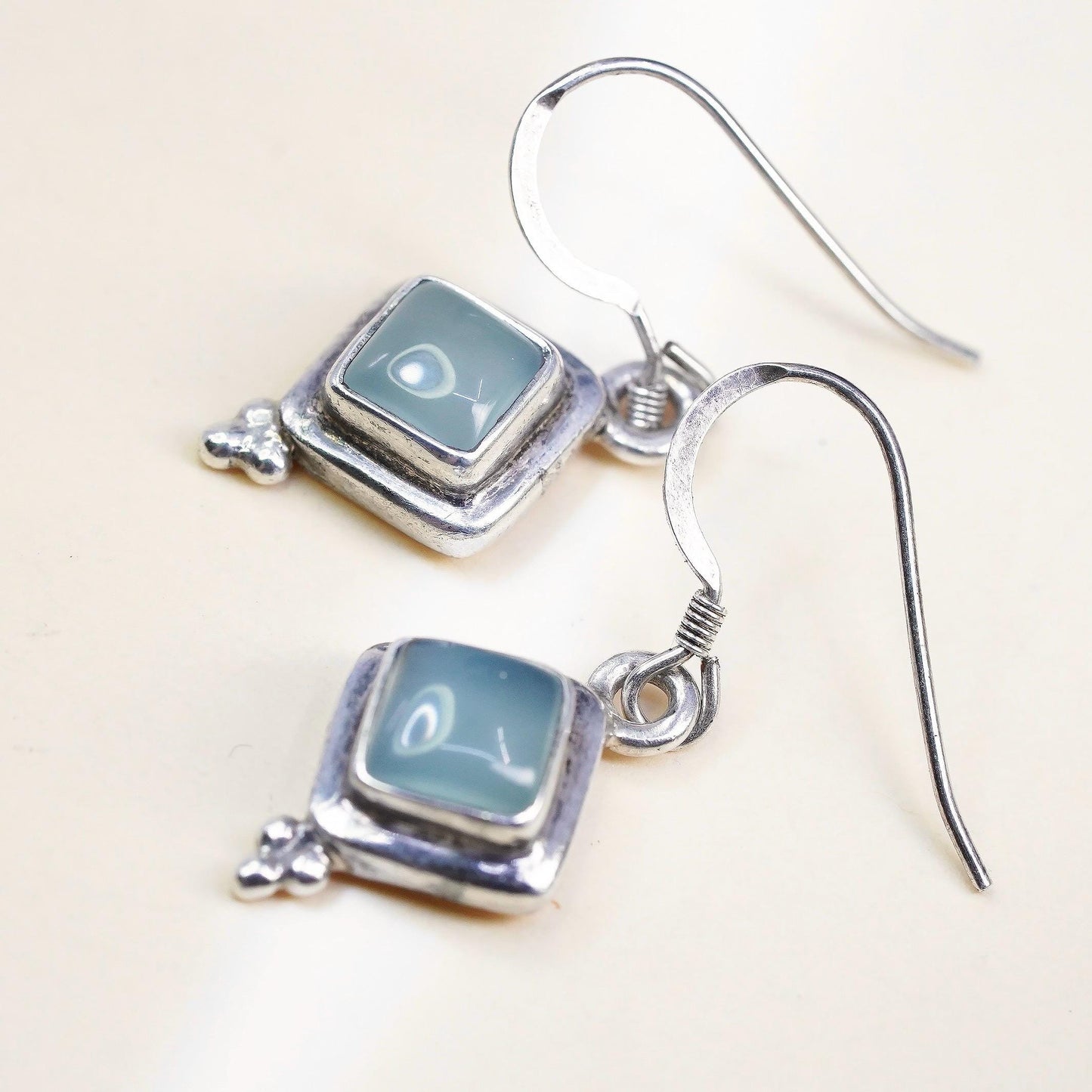 Vintage Sterling 925 silver handmade earrings with square Chalcedony