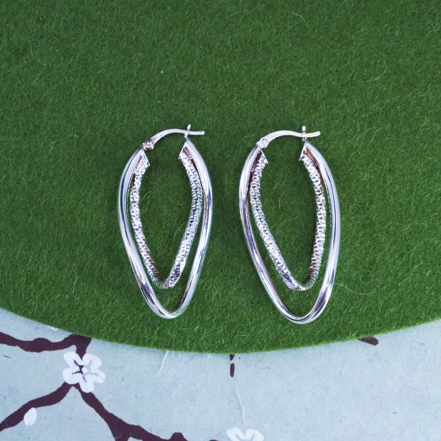 Vintage sterling silver handmade earrings, 925 twisted entwined hoops