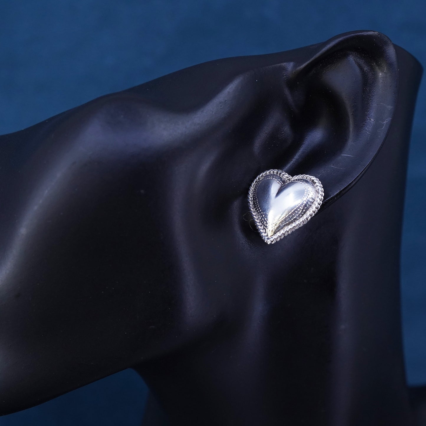 Vintage Sterling silver handmade earrings, textured 925 heart studs