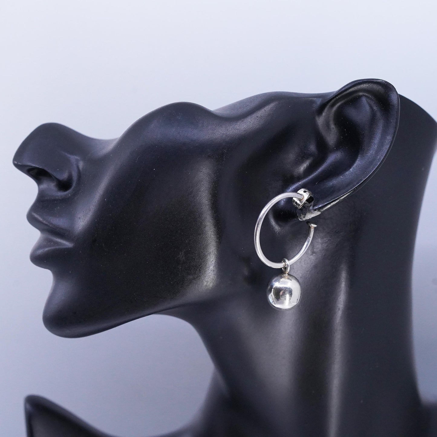1", Vintage Sterling Silver Ball Earrings, 925 Silver bead Dangle Sphere Hoops