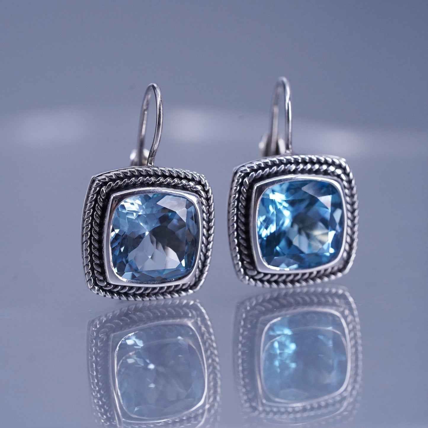 Vintage Sterling 925 silver handmade earrings with square blue topaz lever back