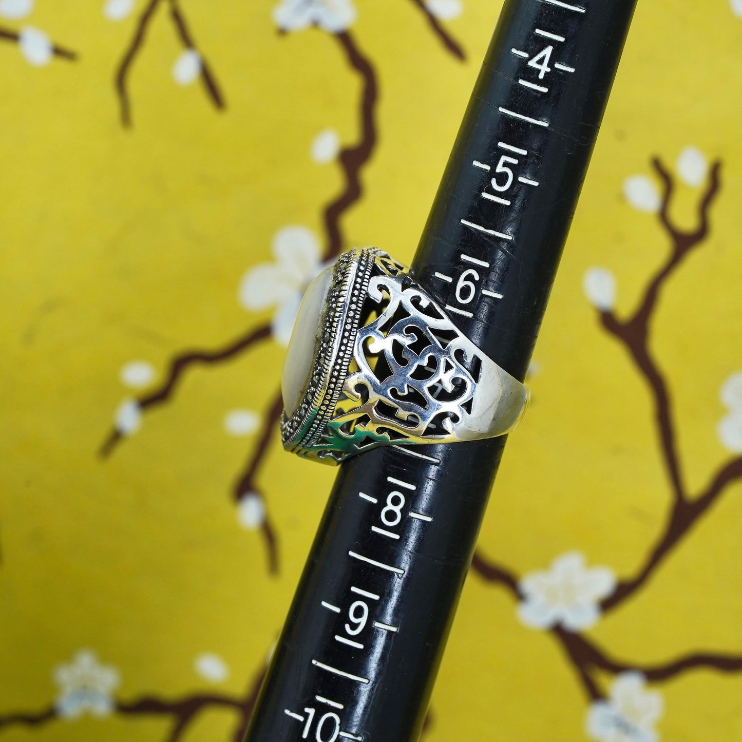 Size 6.5, Sterling 925 silver handmade ring with heart moonstone and marcasite