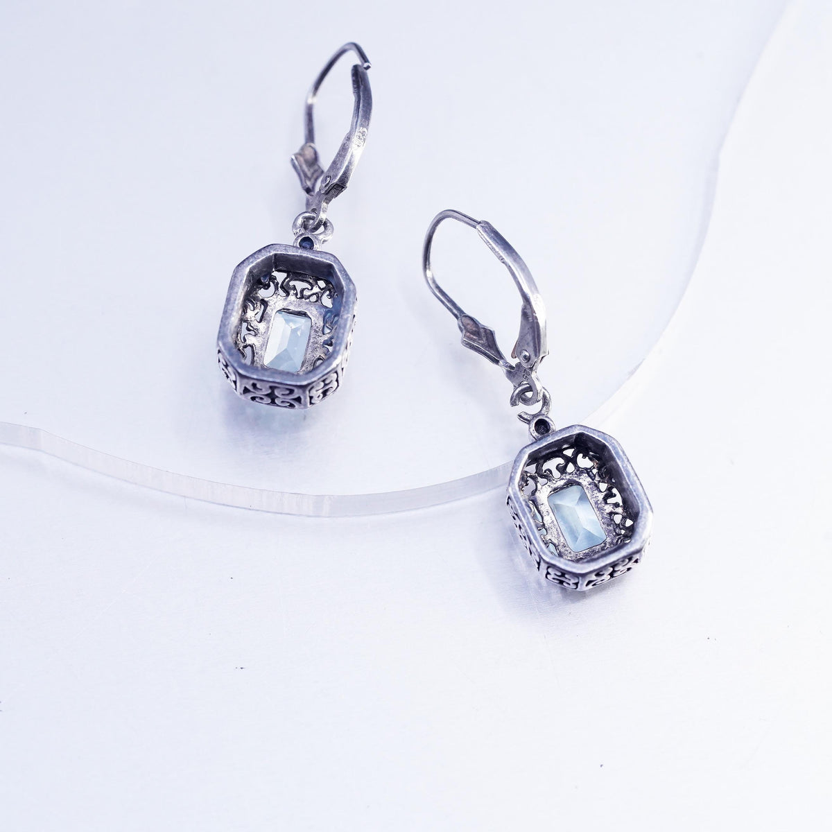 Sterling Silver Blue Topaz Earrings 925 Ornate Dangle Leverback Earrings
